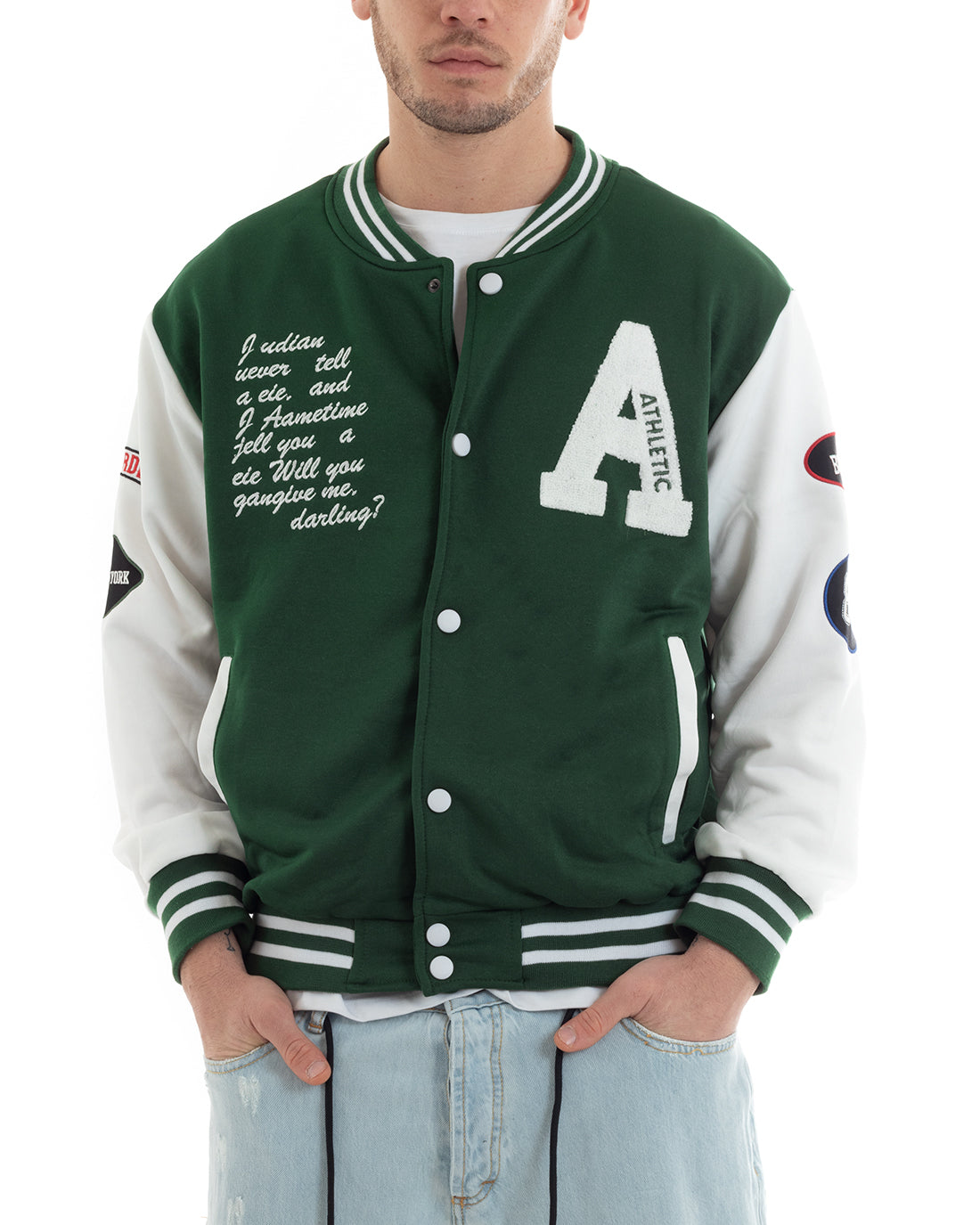 Men's Sweatshirt Crewneck Jacket Varsity College Print With Patch Green GIOSAL-F2972A