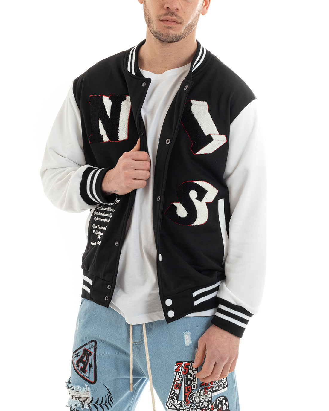 Felpa Uomo Giubbotto College Varsity Stampa Con Patch Bicolore Nero GI