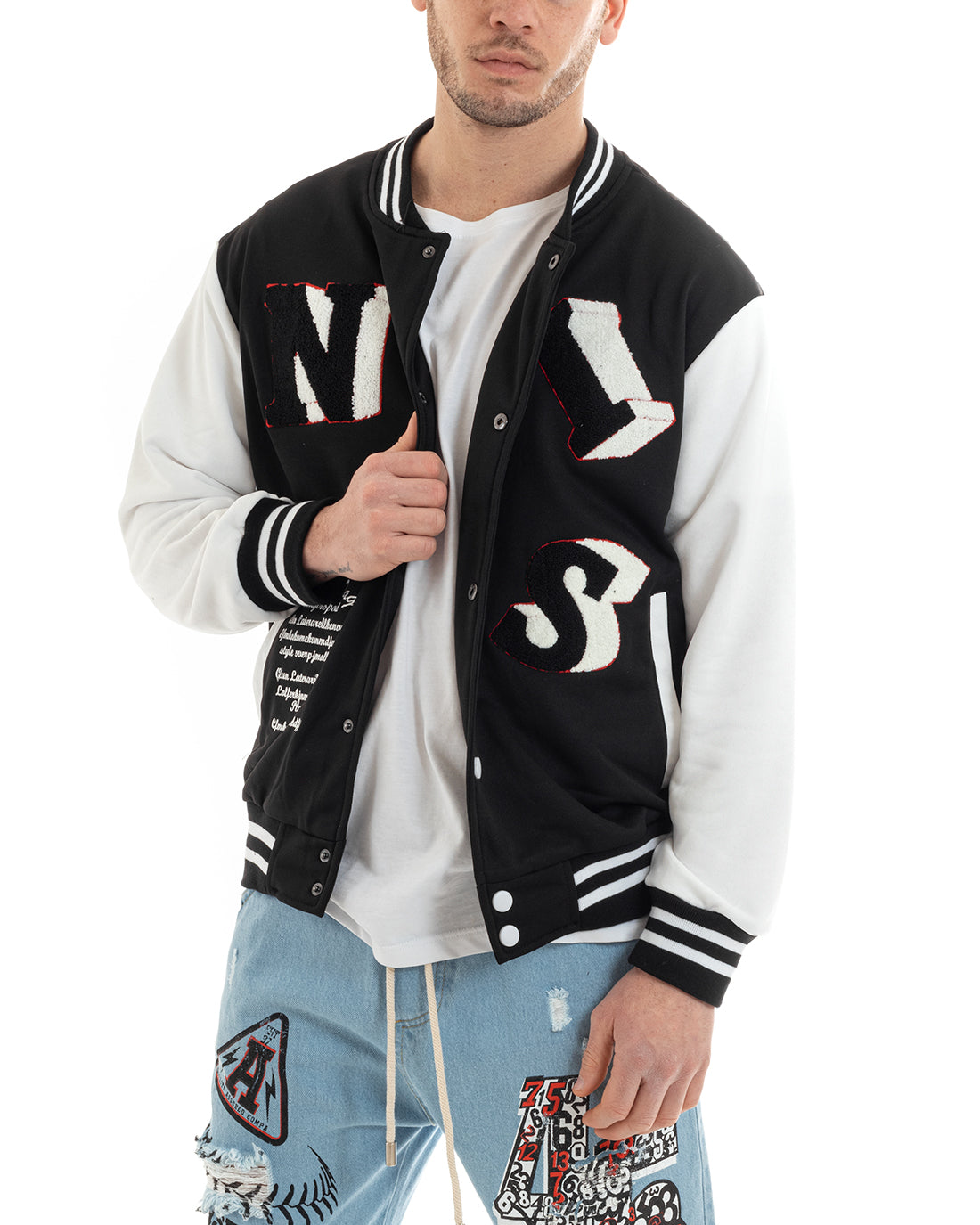 Men's Sweatshirt College Varsity Jacket Print With Two-Tone Patch Black GIOSAL-F2973A