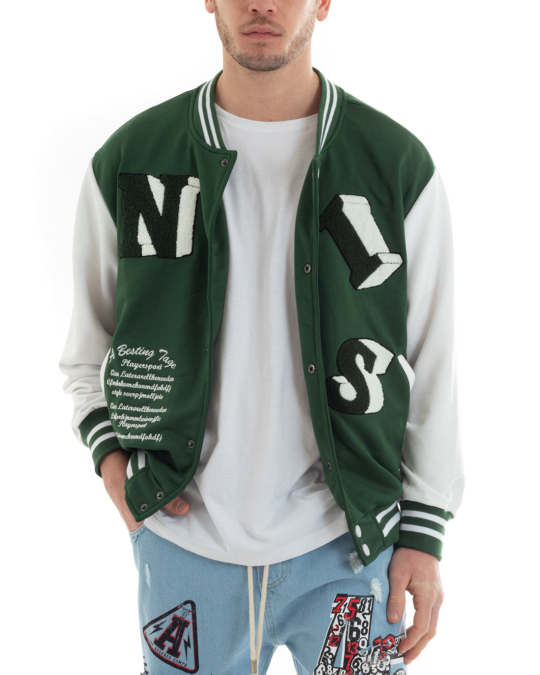 Felpa Uomo Giubbotto College Varsity Stampa Con Patch Giaccone Caldo Bicolore Casual Verde GIOSAL-F2975A