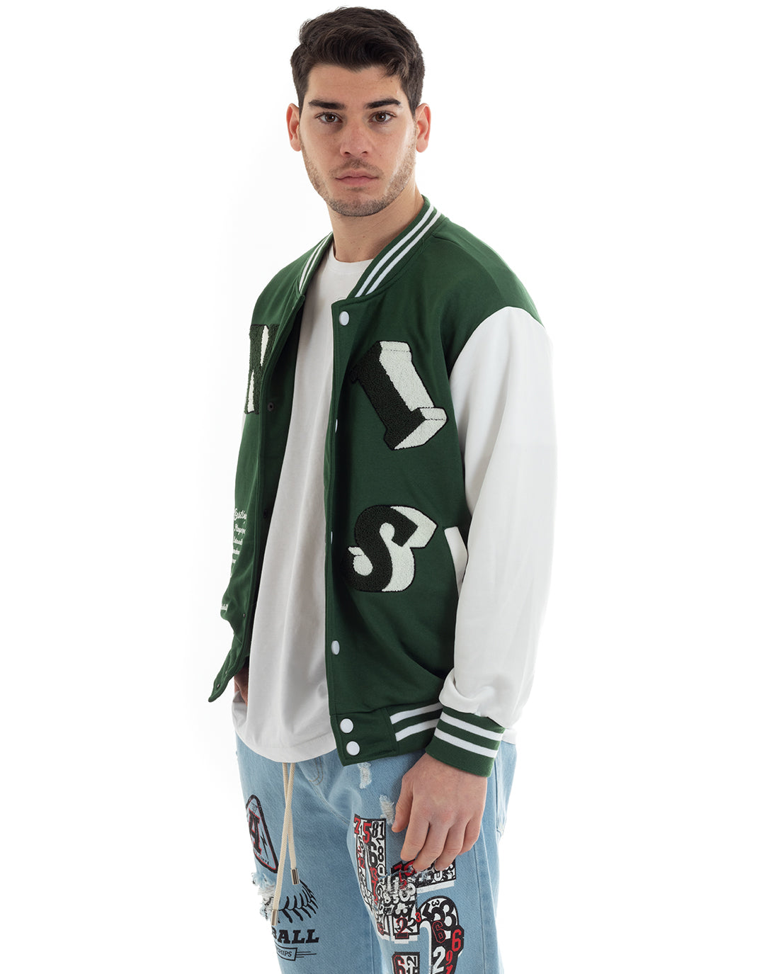 Felpa Uomo Giubbotto College Varsity Stampa Con Patch Giaccone Caldo Bicolore Casual Verde GIOSAL-F2975A