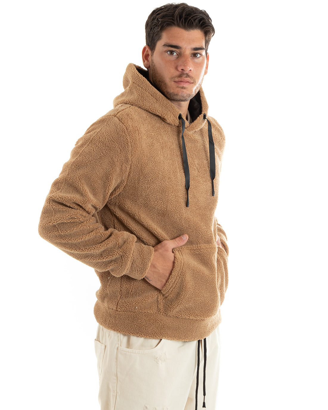 Men's Hooded Sweatshirt Teddy Fur Solid Color Green Regular Fit GIOSAL-F2895A
