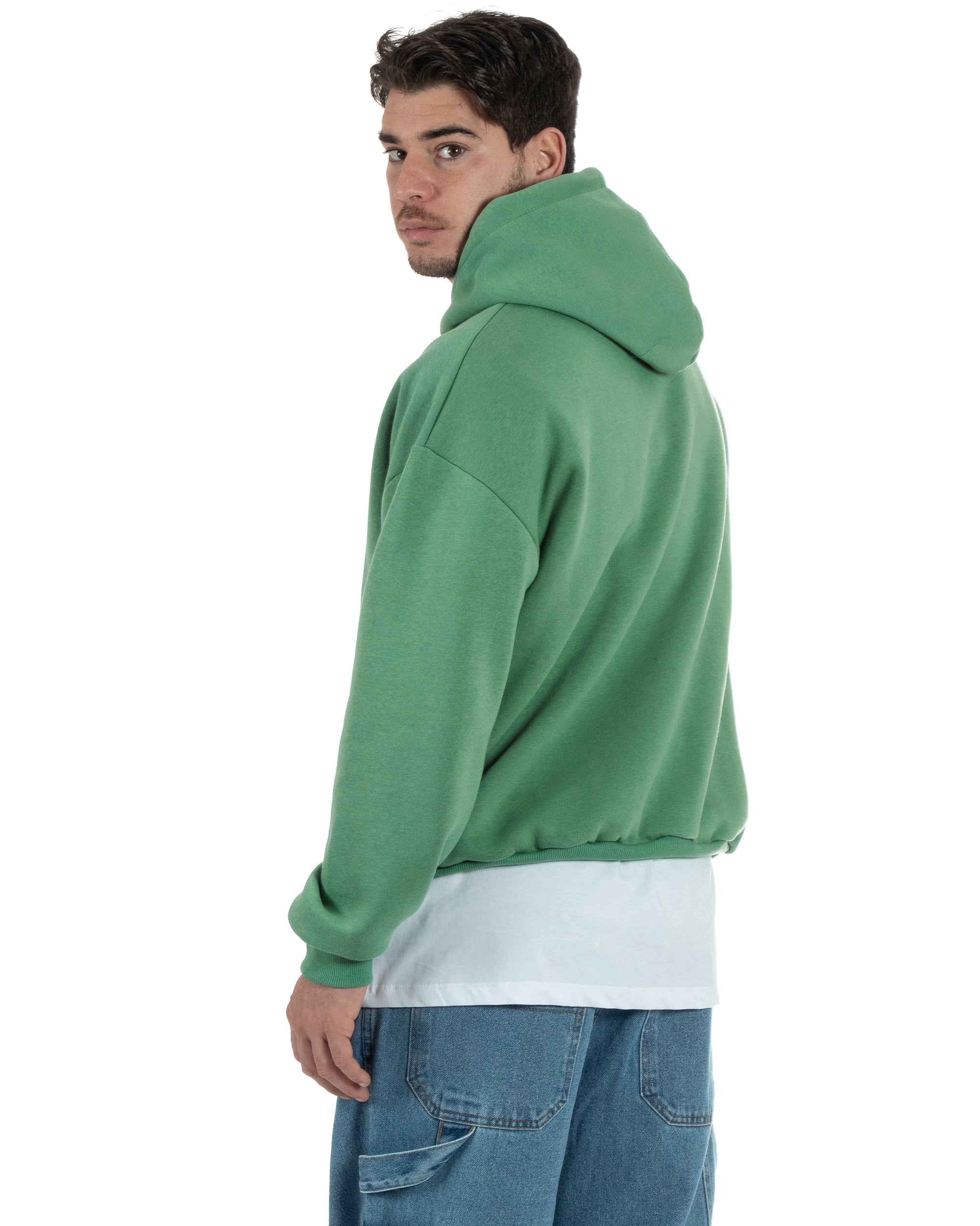 Felpa Con Cappuccio Uomo Boxy Fit Basic Felpata Comoda Tinta Unita Verde Salvia GIOSAL-F2992A