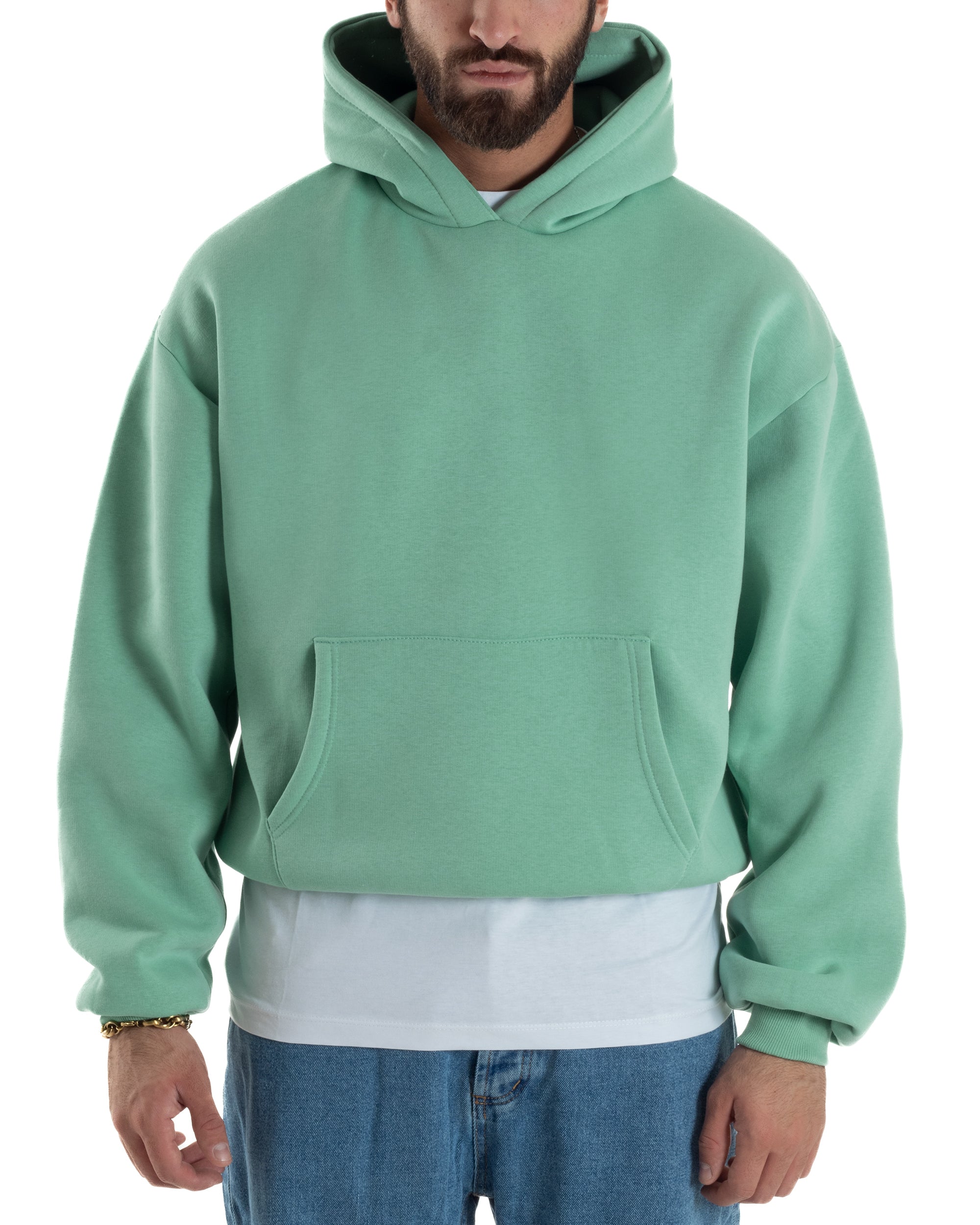 Felpa Con Cappuccio Uomo Boxy Fit Basic Felpata Comoda Tinta Unita Verde Salvia GIOSAL-F2992A