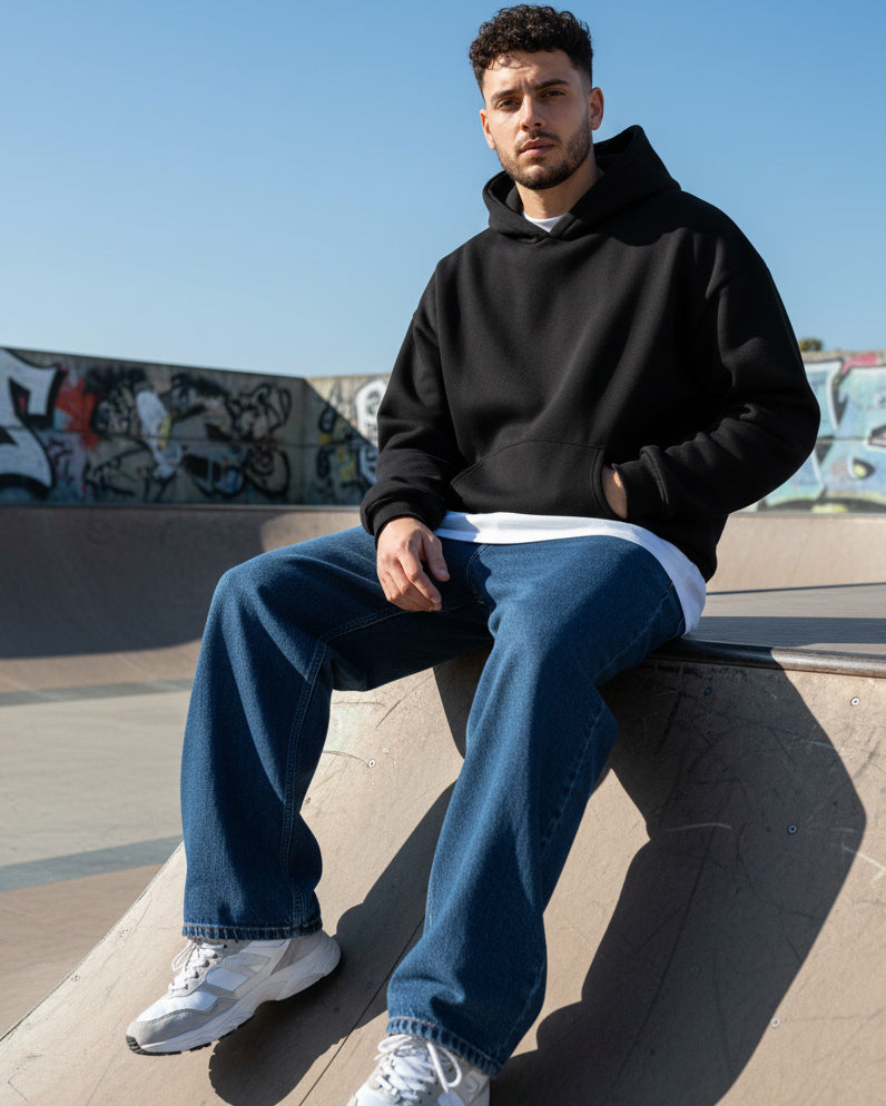 Felpa Con Cappuccio Uomo Boxy Fit Basic Felpata Comoda Nero F2994A