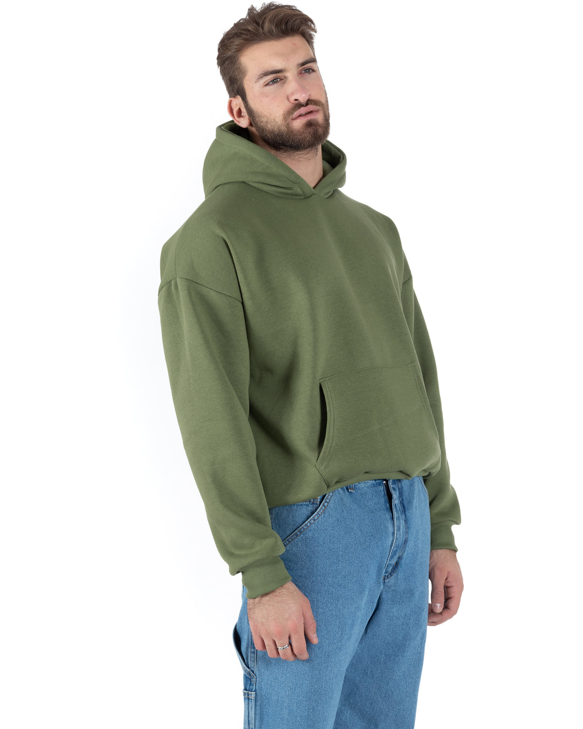 Men's Boxy Fit Basic Hoodie Comfortable Sweatshirt Oil Green F2998A