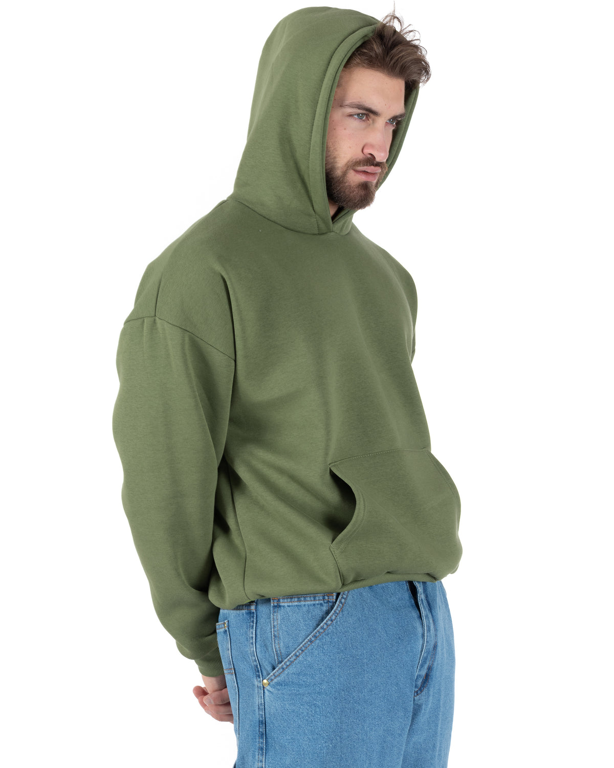 Men's Boxy Fit Basic Hoodie Comfortable Sweatshirt Oil Green F2998A