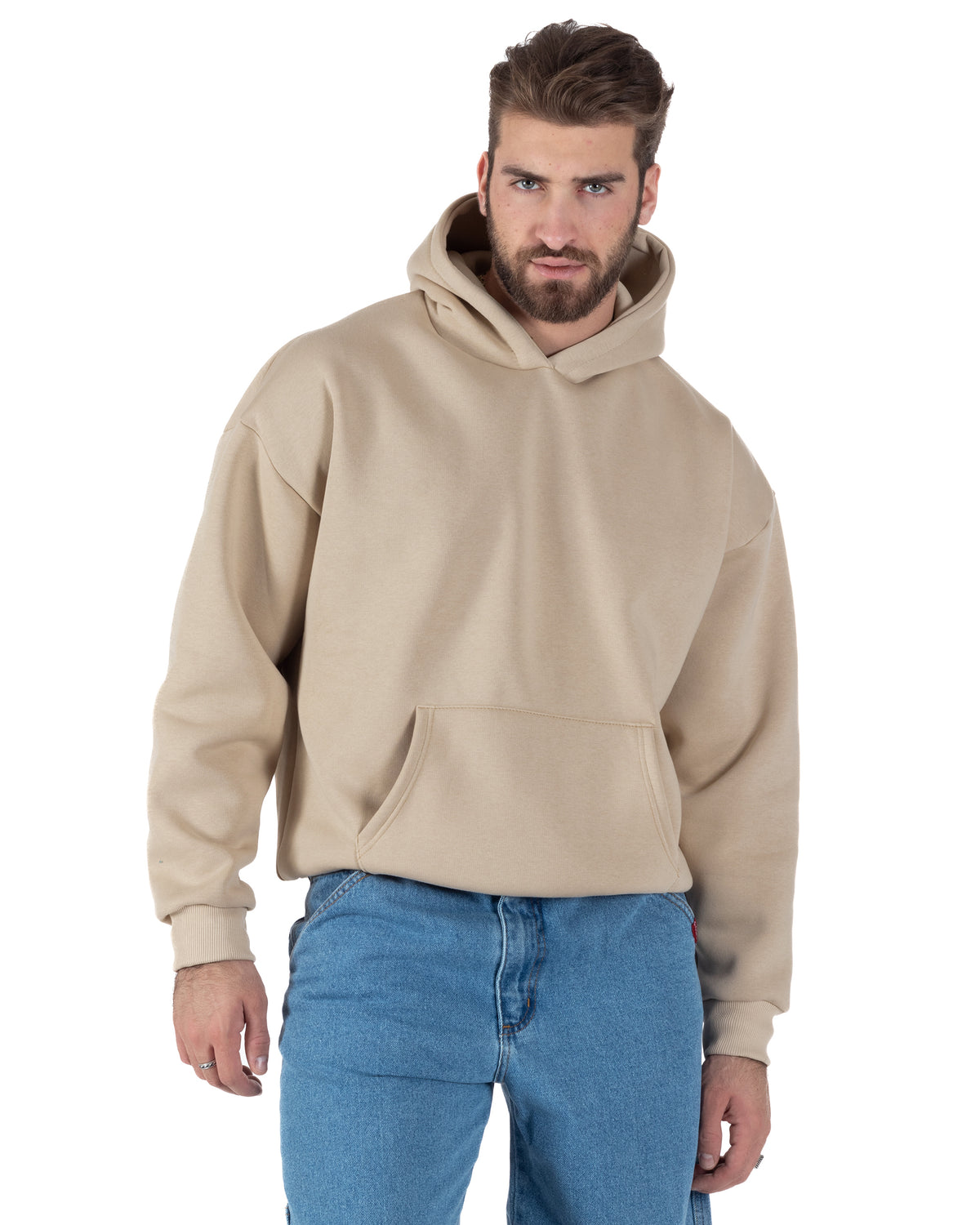 Herren-Hoodie im kastenförmigen Basic-Stil, bequem, Beige F3003A