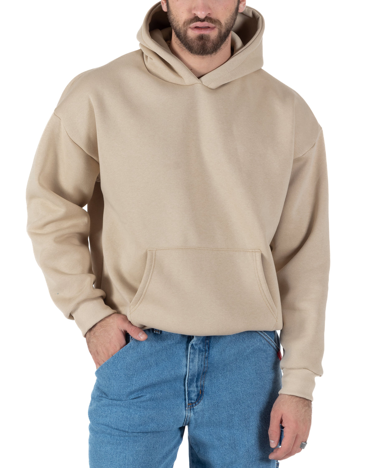 Men's Boxy Fit Basic Hoodie Comfortable Beige F3003A