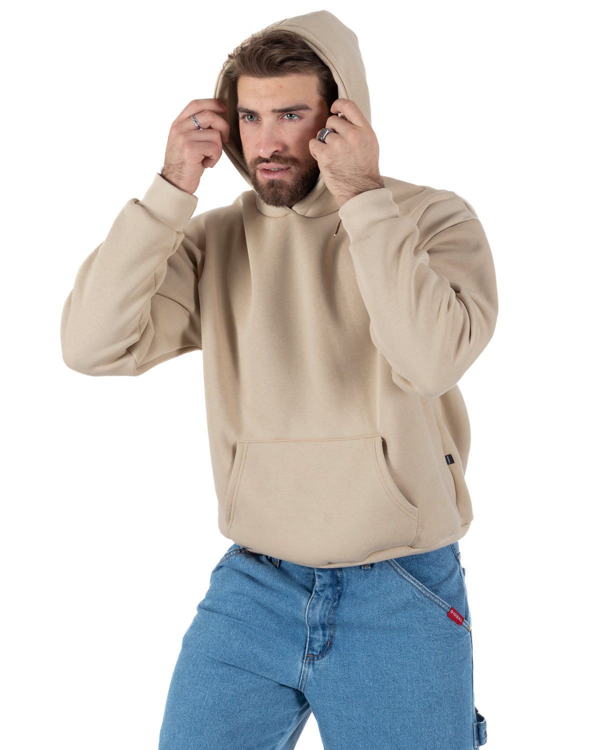 Herren-Hoodie im kastenförmigen Basic-Stil, bequem, Beige F3003A