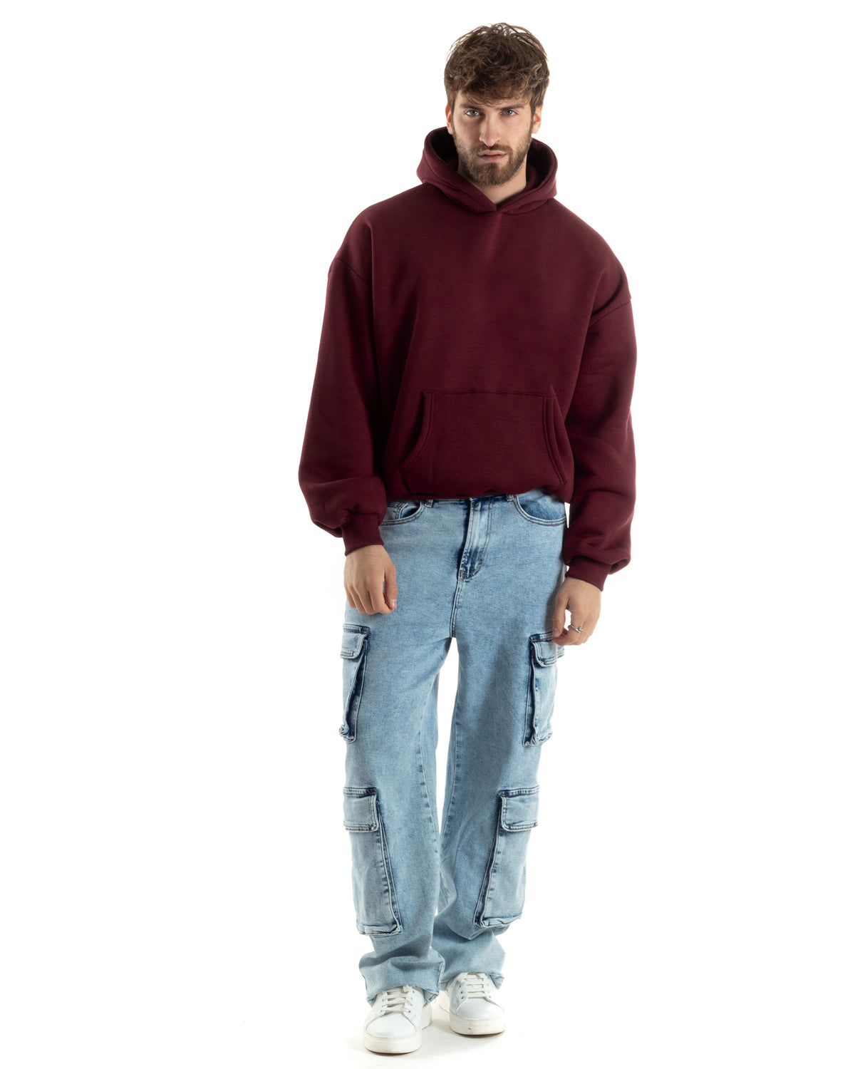 Men's Boxy Fit Basic Hoodie Comfortable Burgundy Sweatshirt F3005A