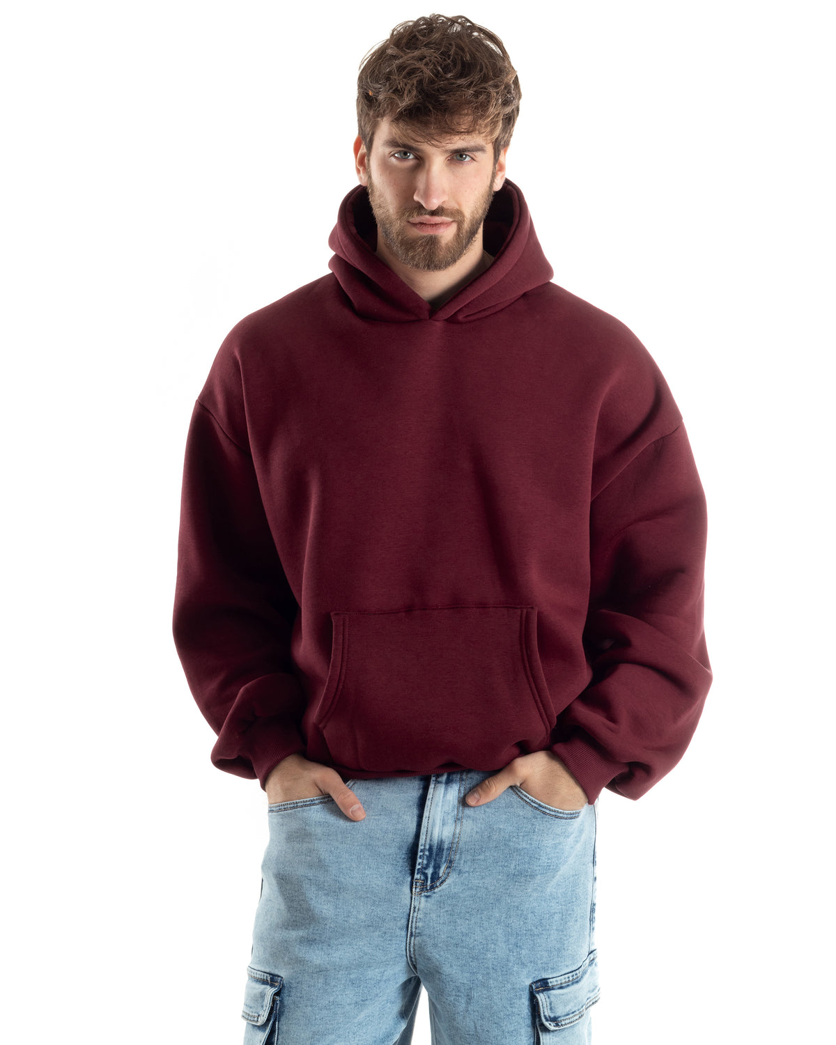 Men's Boxy Fit Basic Hoodie Comfortable Burgundy Sweatshirt F3005A
