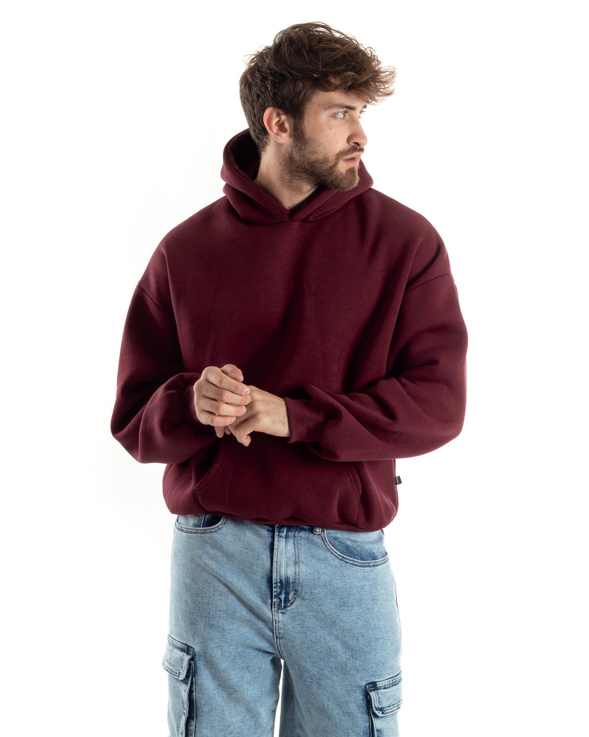Men's Boxy Fit Basic Hoodie Comfortable Burgundy Sweatshirt F3005A
