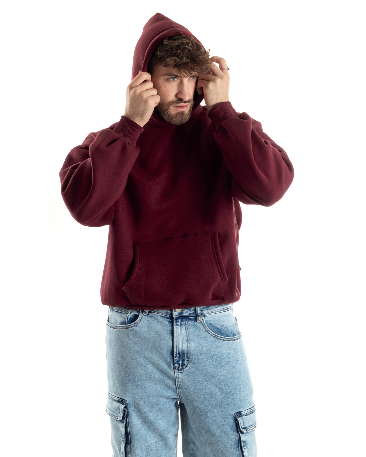 Men's Boxy Fit Basic Hoodie Comfortable Burgundy Sweatshirt F3005A