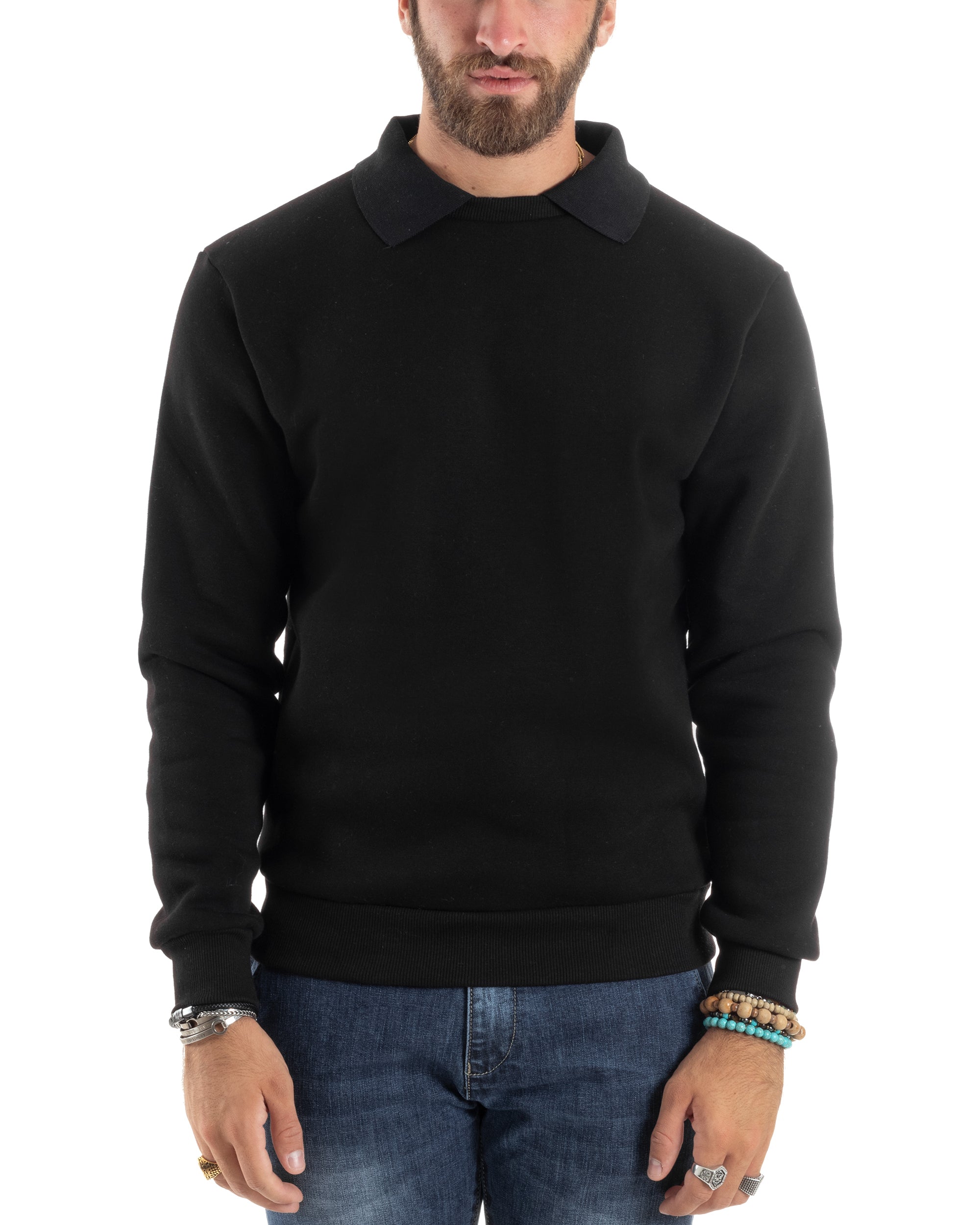 Felpa Uomo Con Colletto Polo Cotone Garzato Maglia Girocollo Comoda Regular Fit Casual Nero GIOSAL-F3024A