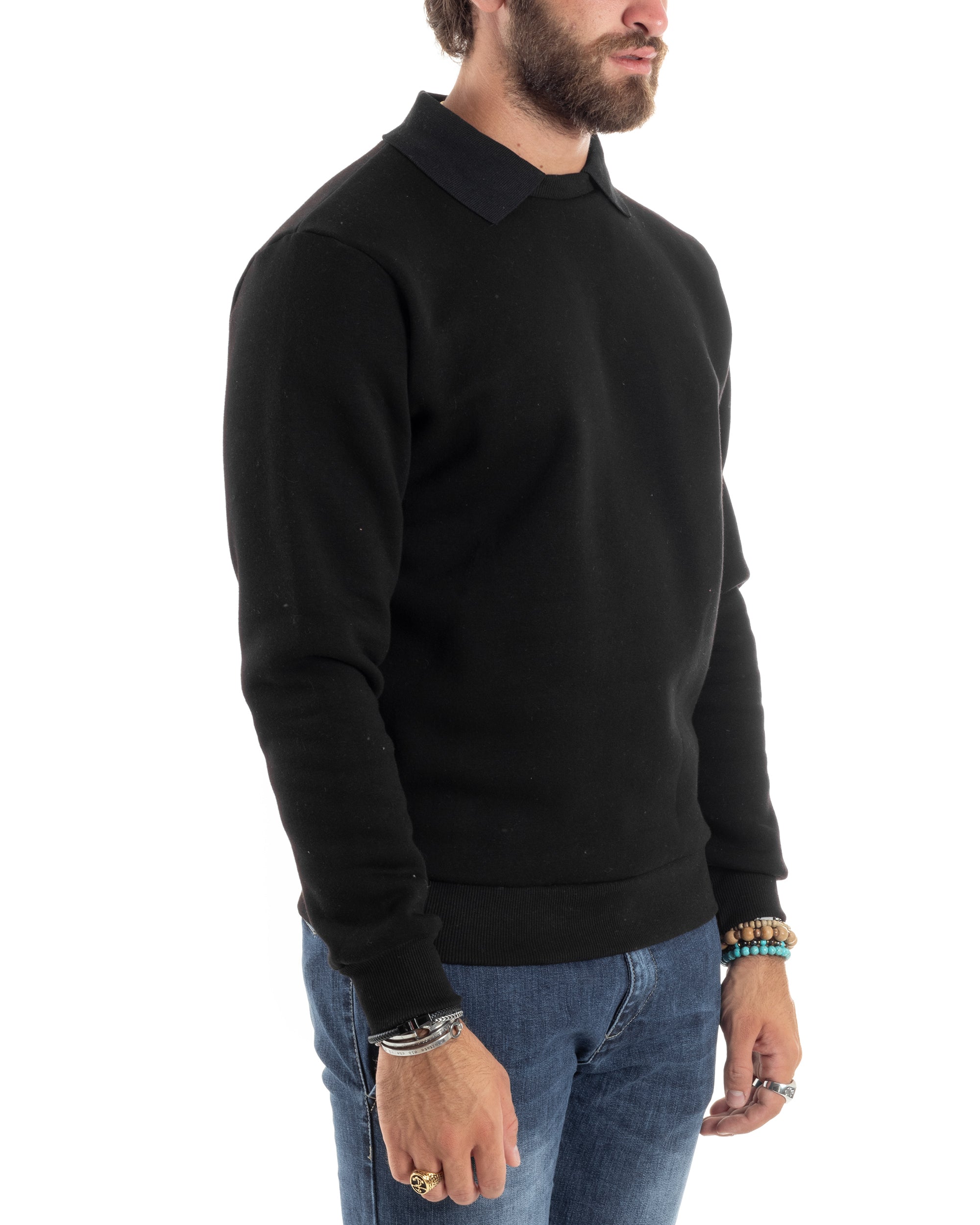 Felpa Uomo Con Colletto Polo Cotone Garzato Maglia Girocollo Comoda Regular Fit Casual Nero GIOSAL-F3024A