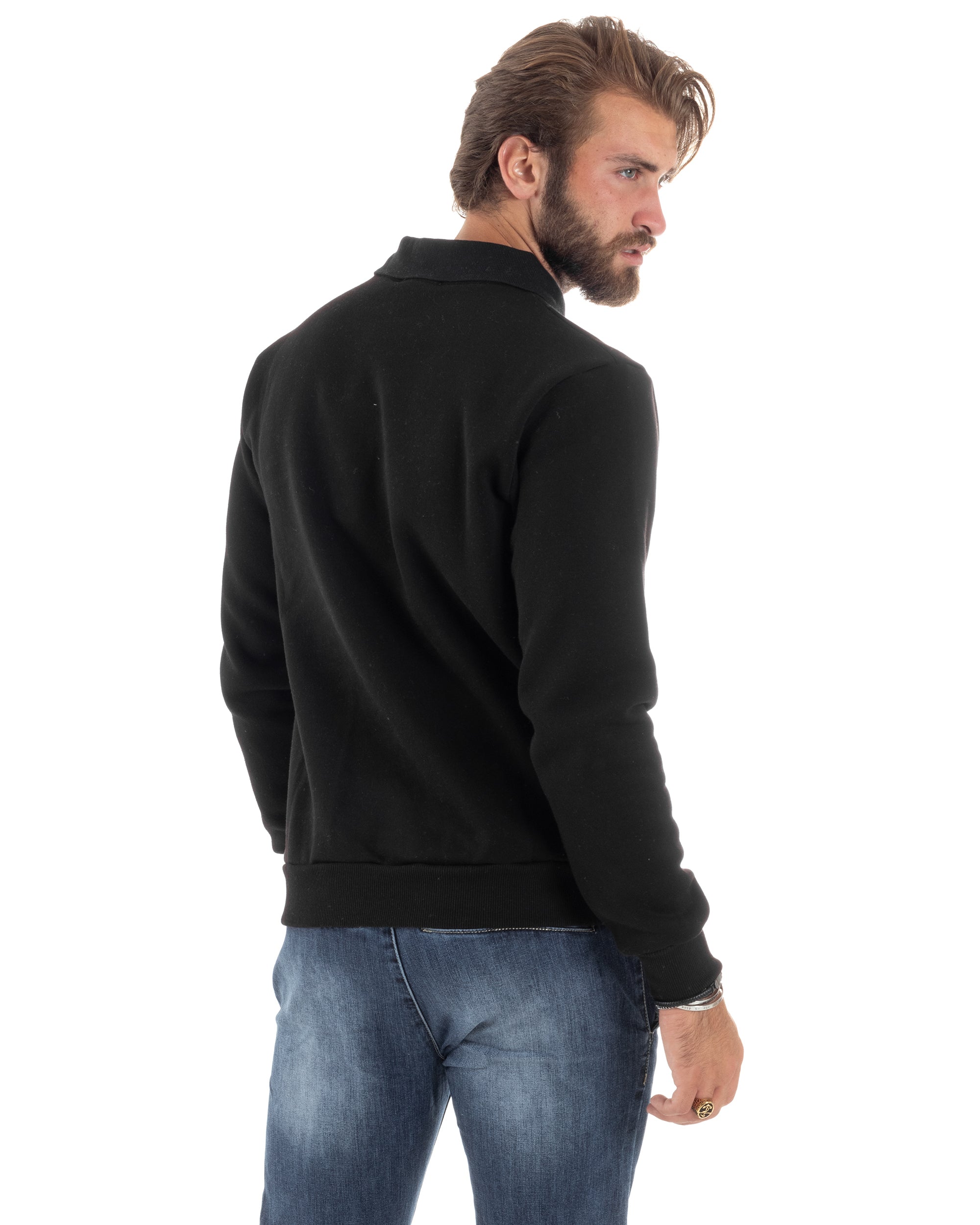 Felpa Uomo Con Colletto Polo Cotone Garzato Maglia Girocollo Comoda Regular Fit Casual Nero GIOSAL-F3024A