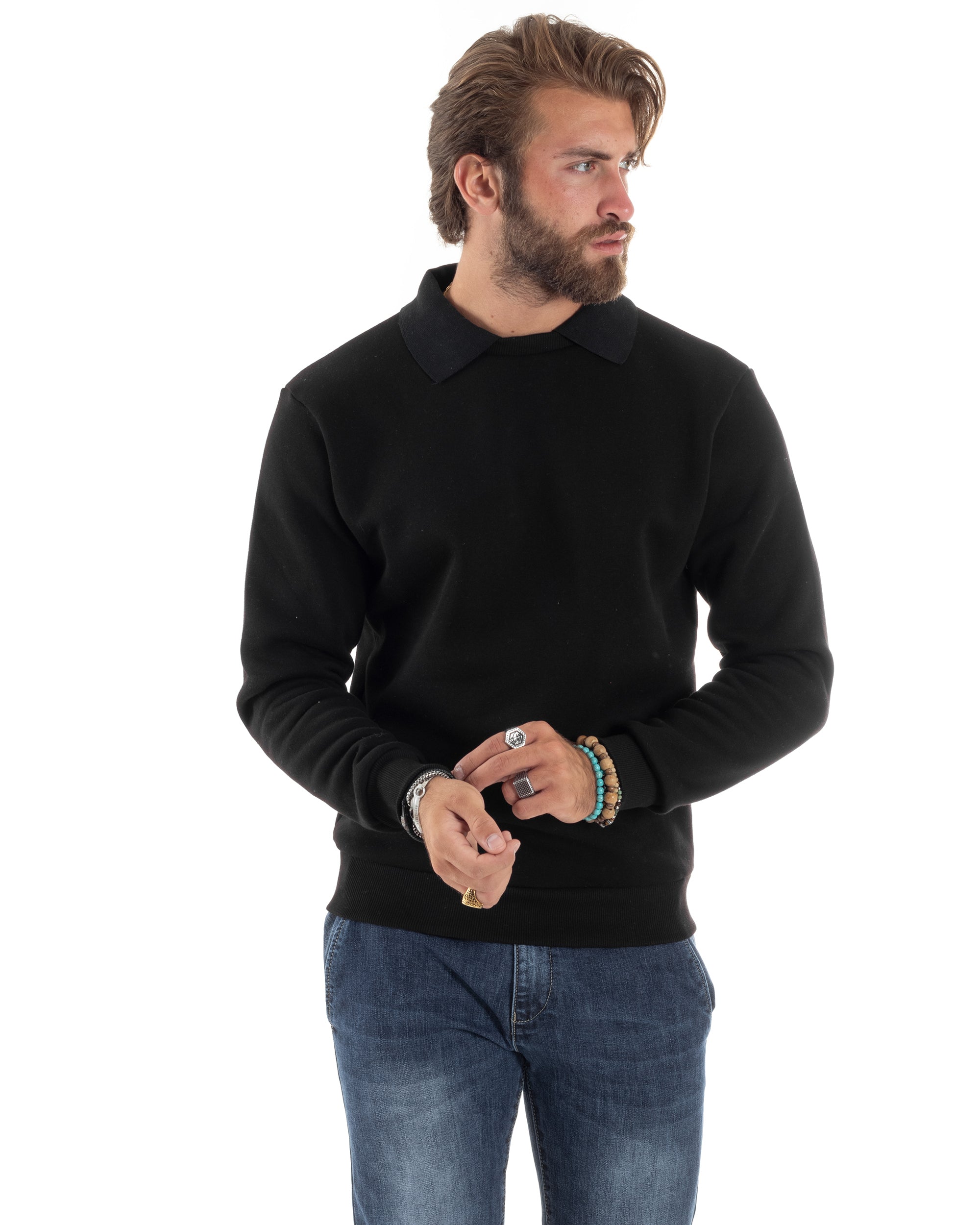 Felpa Uomo Con Colletto Polo Cotone Garzato Maglia Girocollo Comoda Regular Fit Casual Nero GIOSAL-F3024A