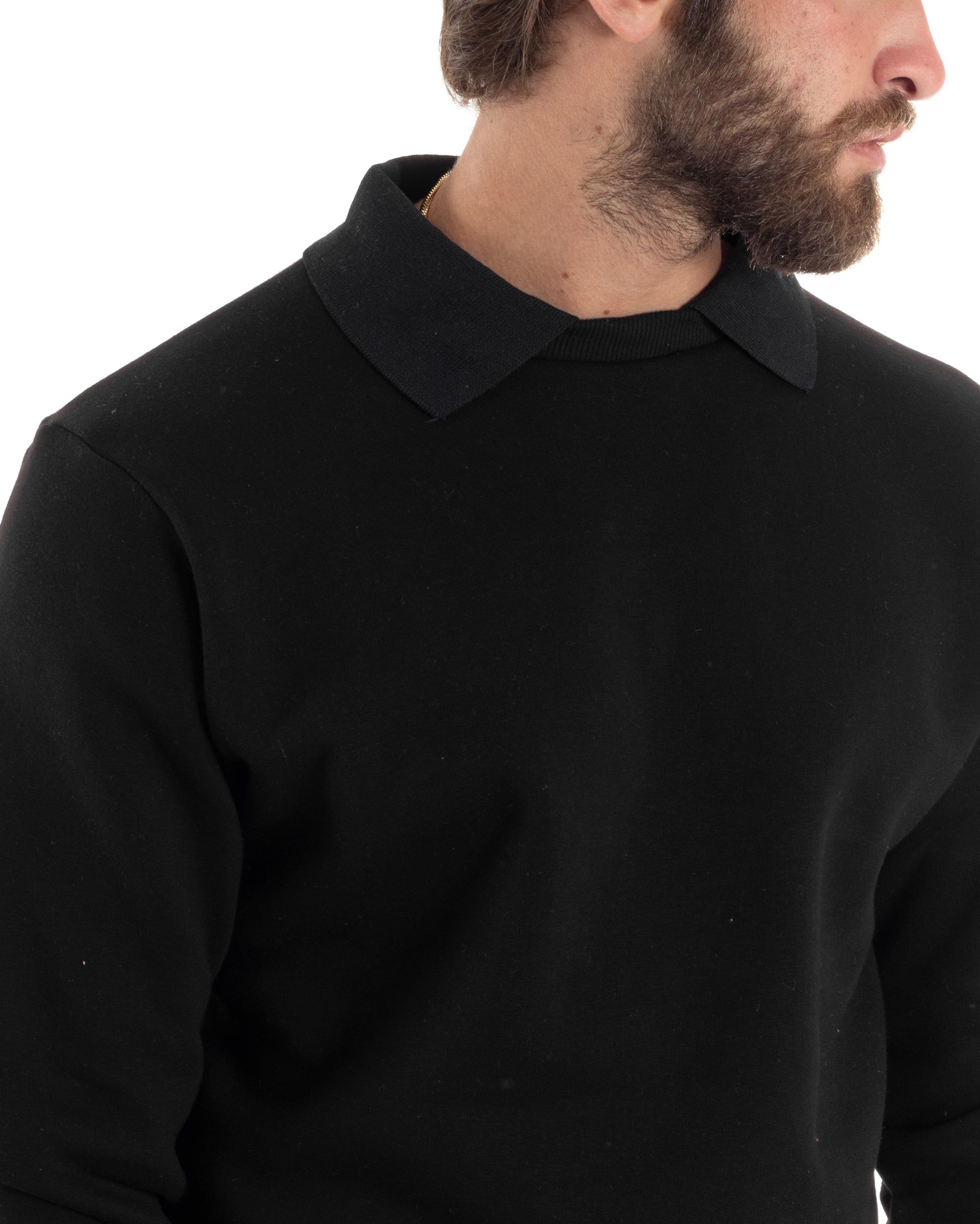 Felpa Uomo Con Colletto Polo Cotone Garzato Maglia Girocollo Comoda Regular Fit Casual Nero GIOSAL-F3024A