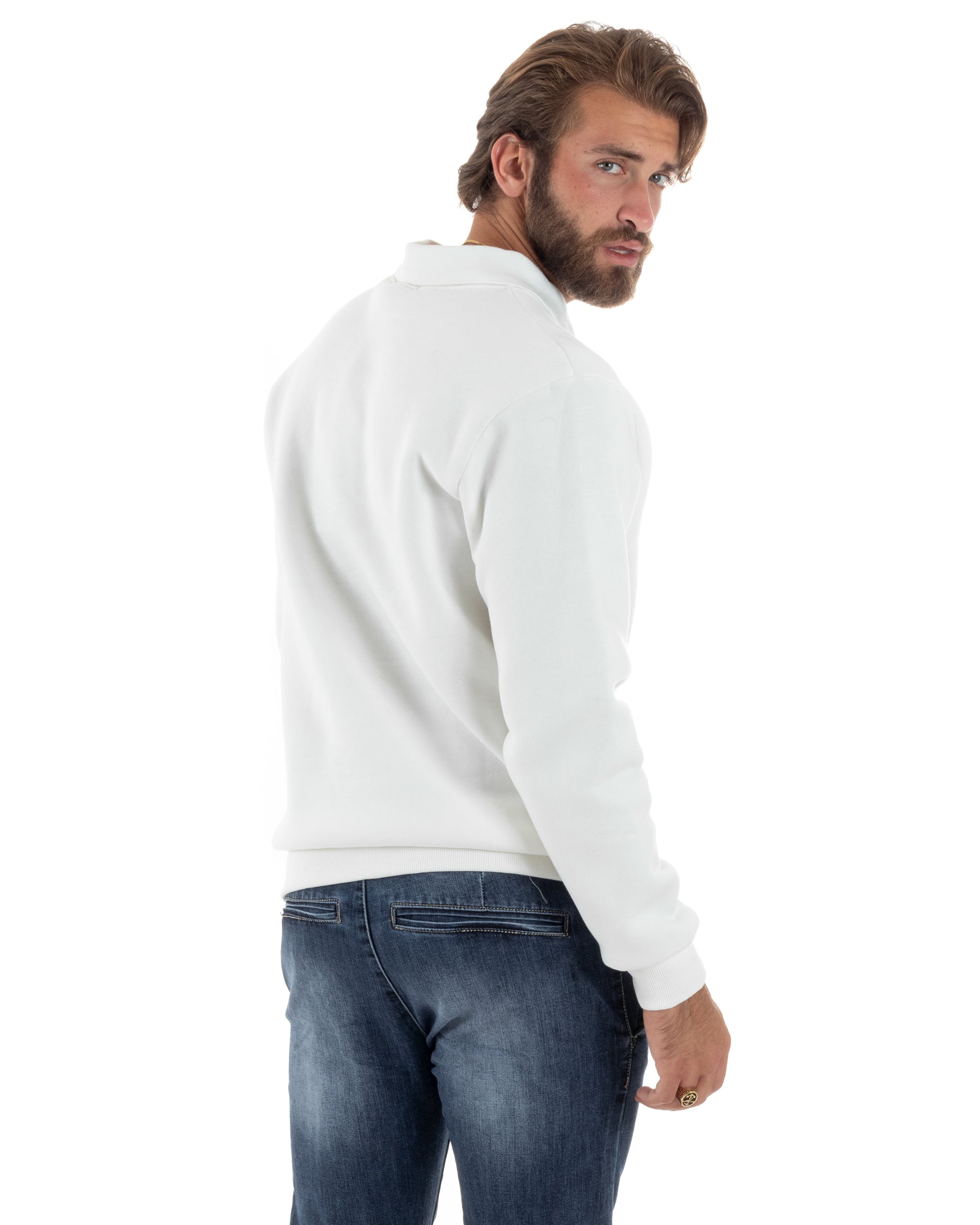 Felpa Uomo Con Colletto Polo Cotone Garzato Maglia Girocollo Comoda Regular Fit Casual Panna GIOSAL-F3025A