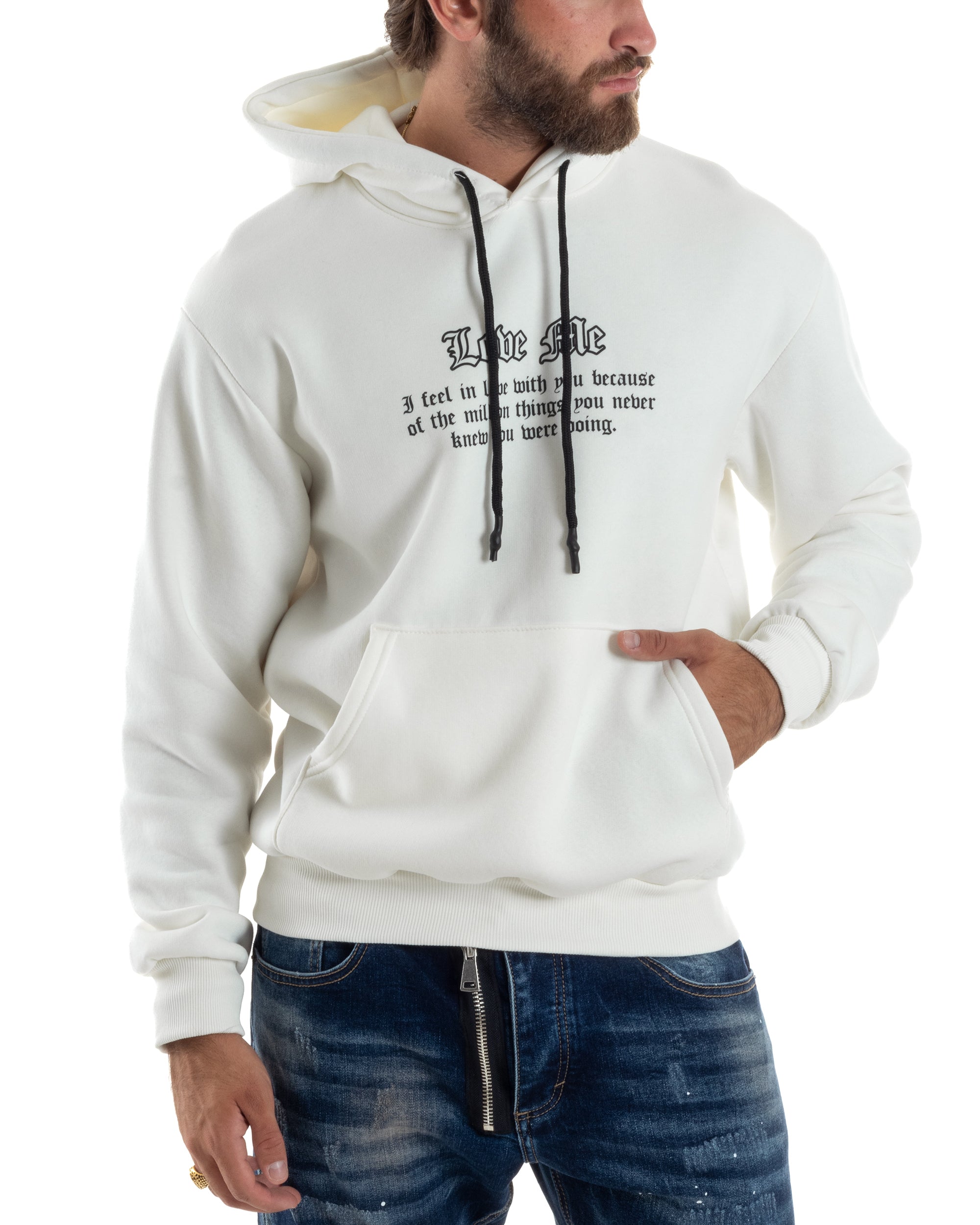 Felpa Uomo Con Cappuccio PolyCotton Garzato Maglia Con Tasca Marsupio Con Stampa Casual Comoda Panna GIOSAL-F3026A