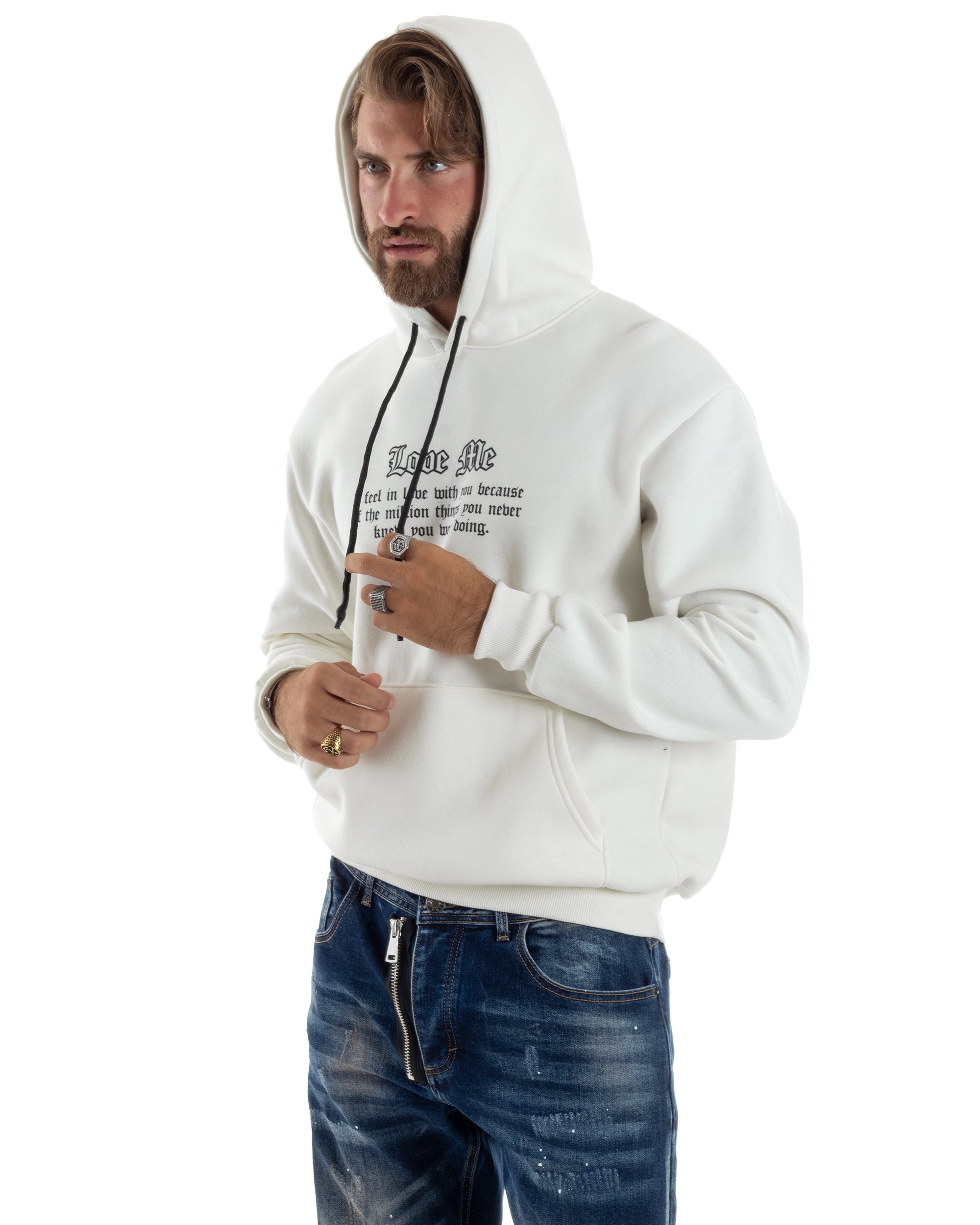 Felpa Uomo Con Cappuccio PolyCotton Garzato Maglia Con Tasca Marsupio Con Stampa Casual Comoda Panna GIOSAL-F3026A