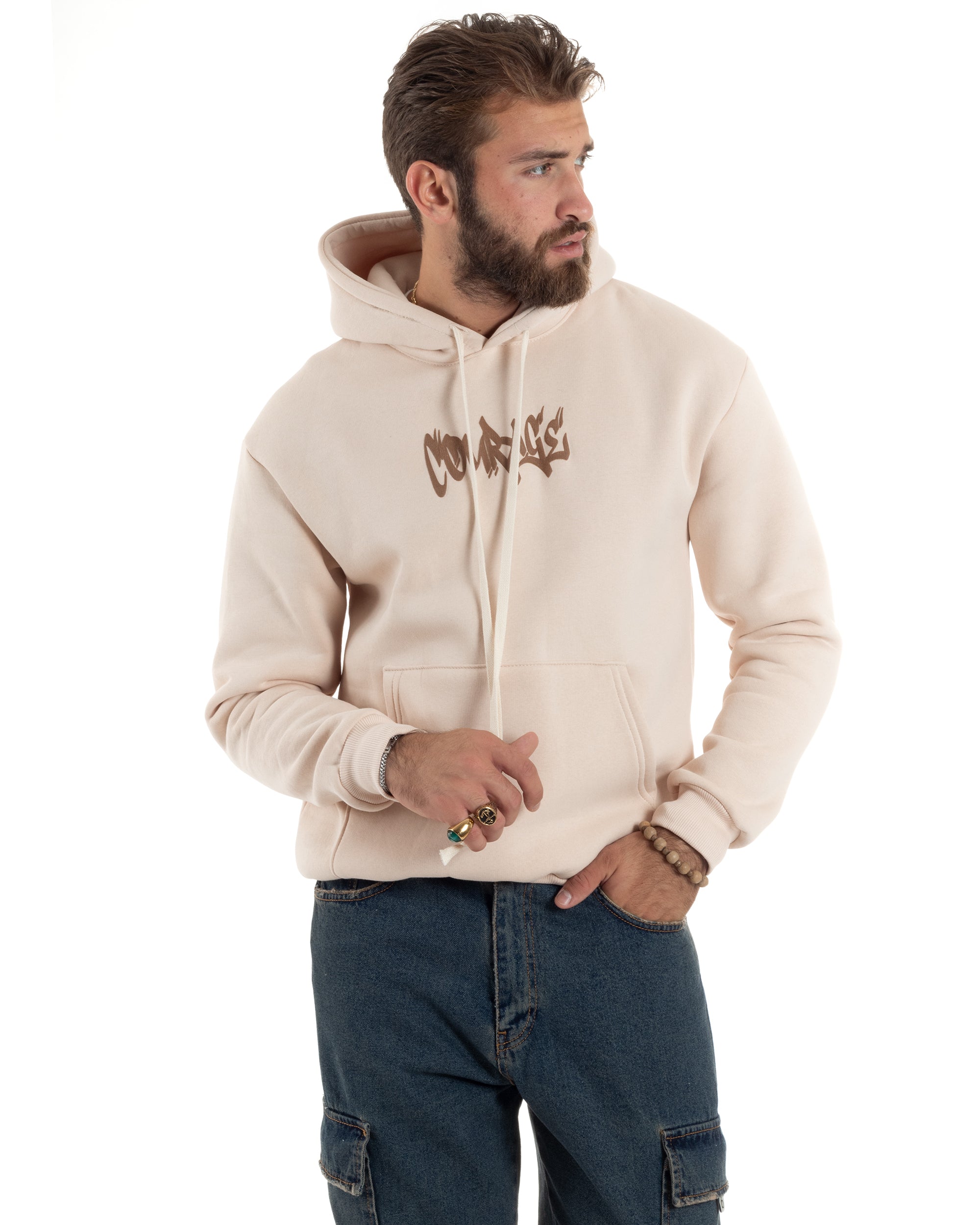 Felpa Uomo PolyCotton Garzata Maglia Calda Con Cappuccio Stampa E Tascone Relaxed Fit Beige GIOSAL-F3028A