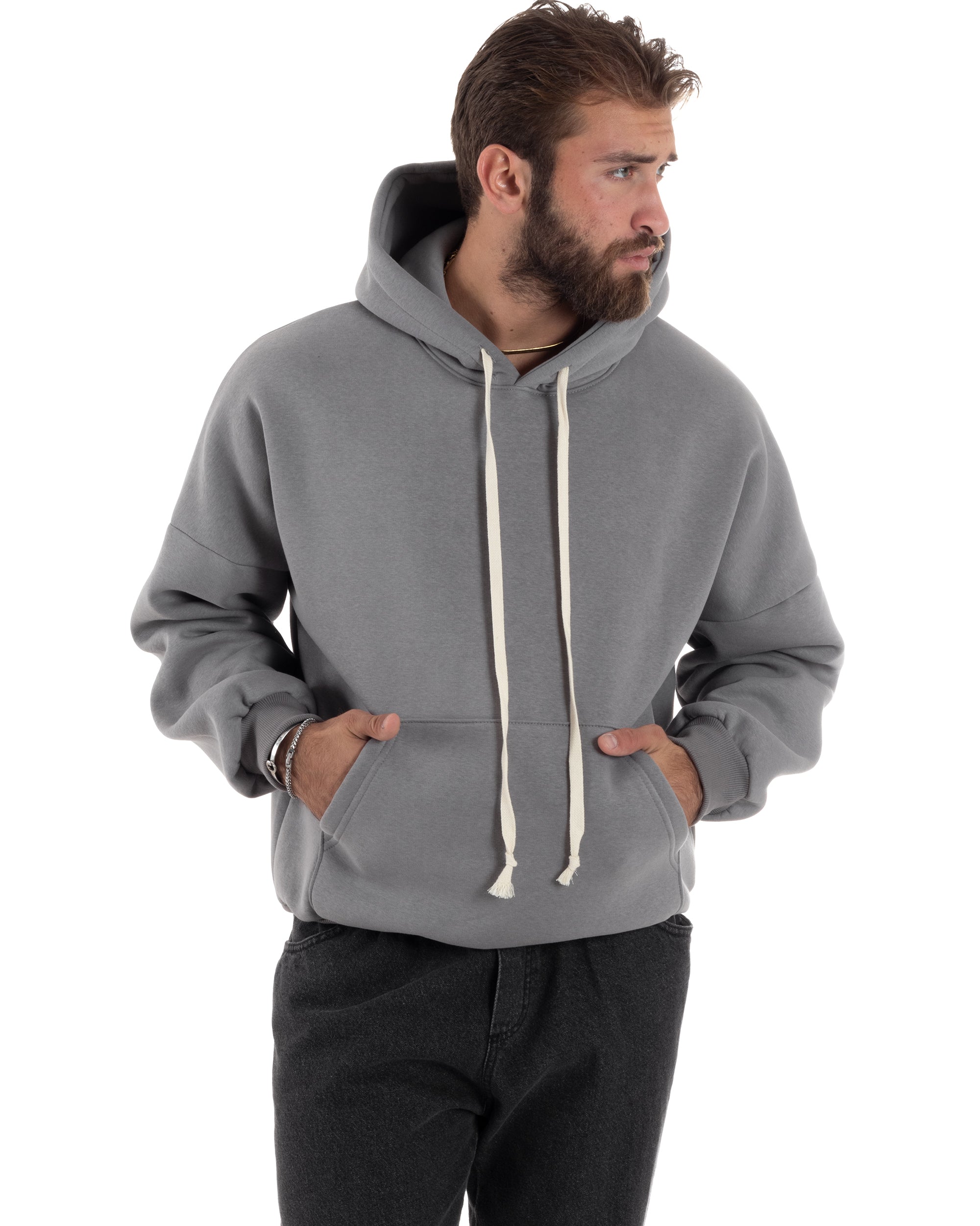 Felpa Uomo PolyCotton Garzata Con Cappuccio Regolabile Stampa Marsupio Maglia Casual Calda Oversize Grigio GIOSAL-F3032A