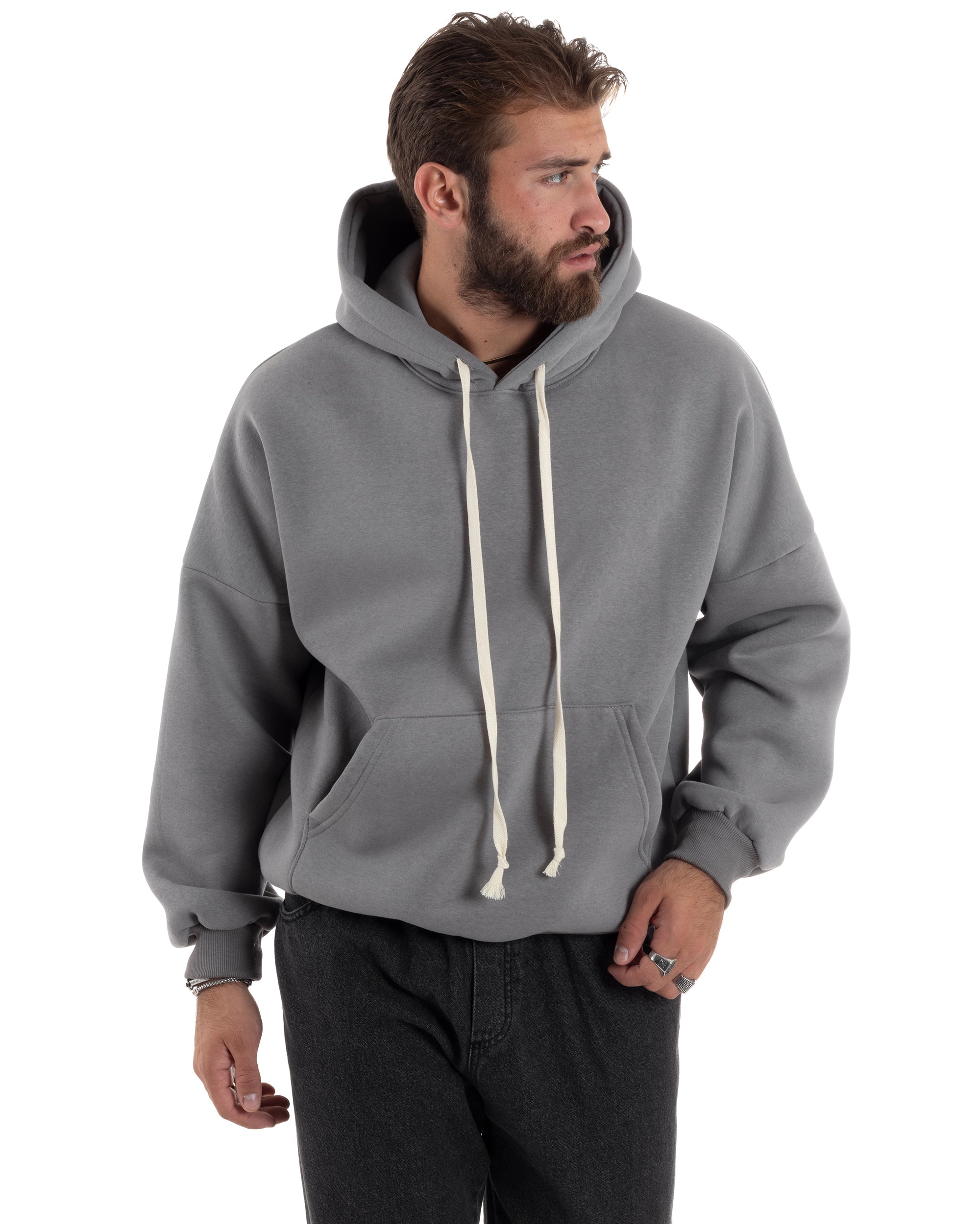 Felpa Uomo PolyCotton Garzata Con Cappuccio Regolabile Stampa Marsupio Maglia Casual Calda Oversize Grigio GIOSAL-F3032A