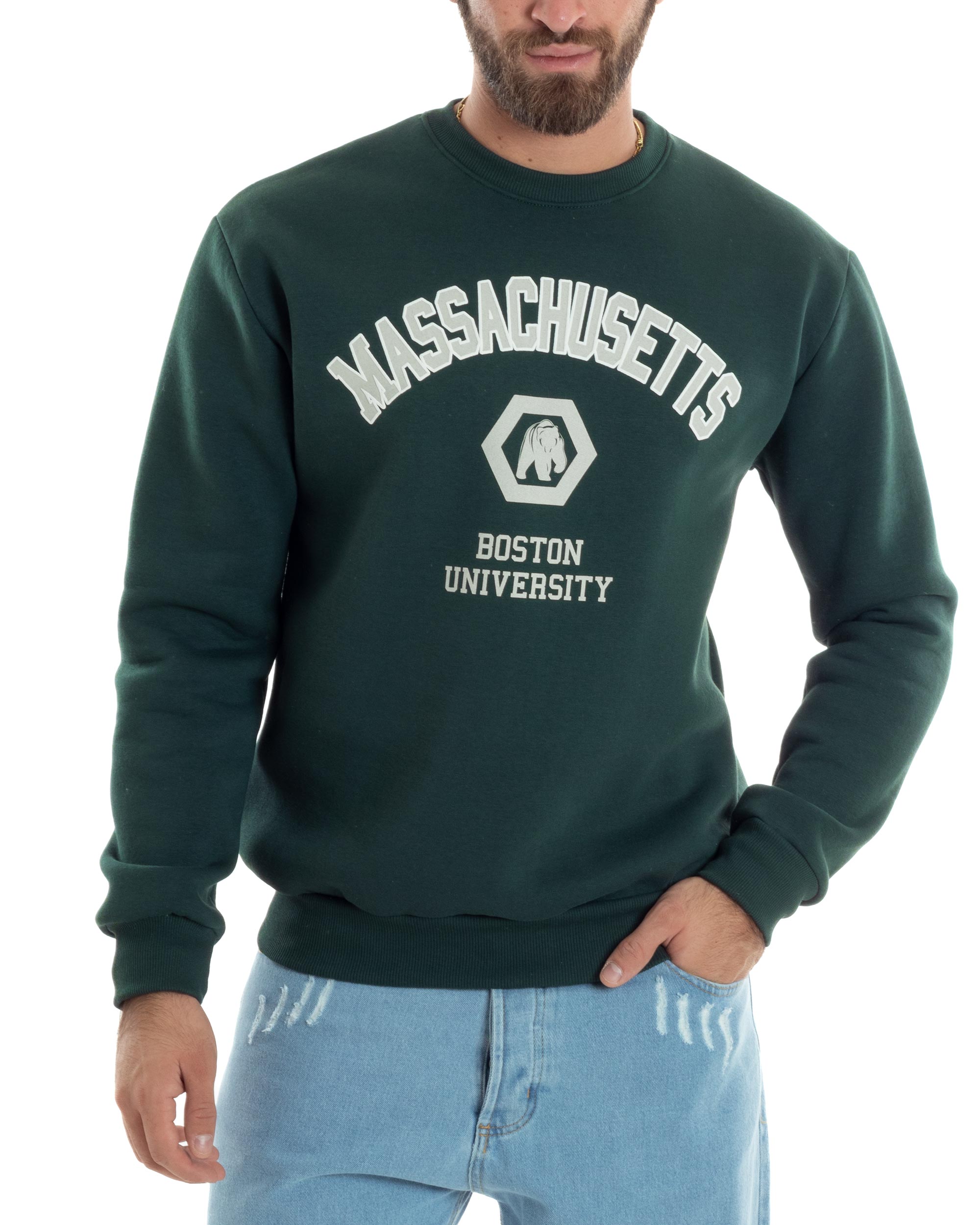 Felpa Uomo PolyCotton Girocollo Varsity Garzata Stampa College Maglia Calda Verde GIOSAL-F3035A