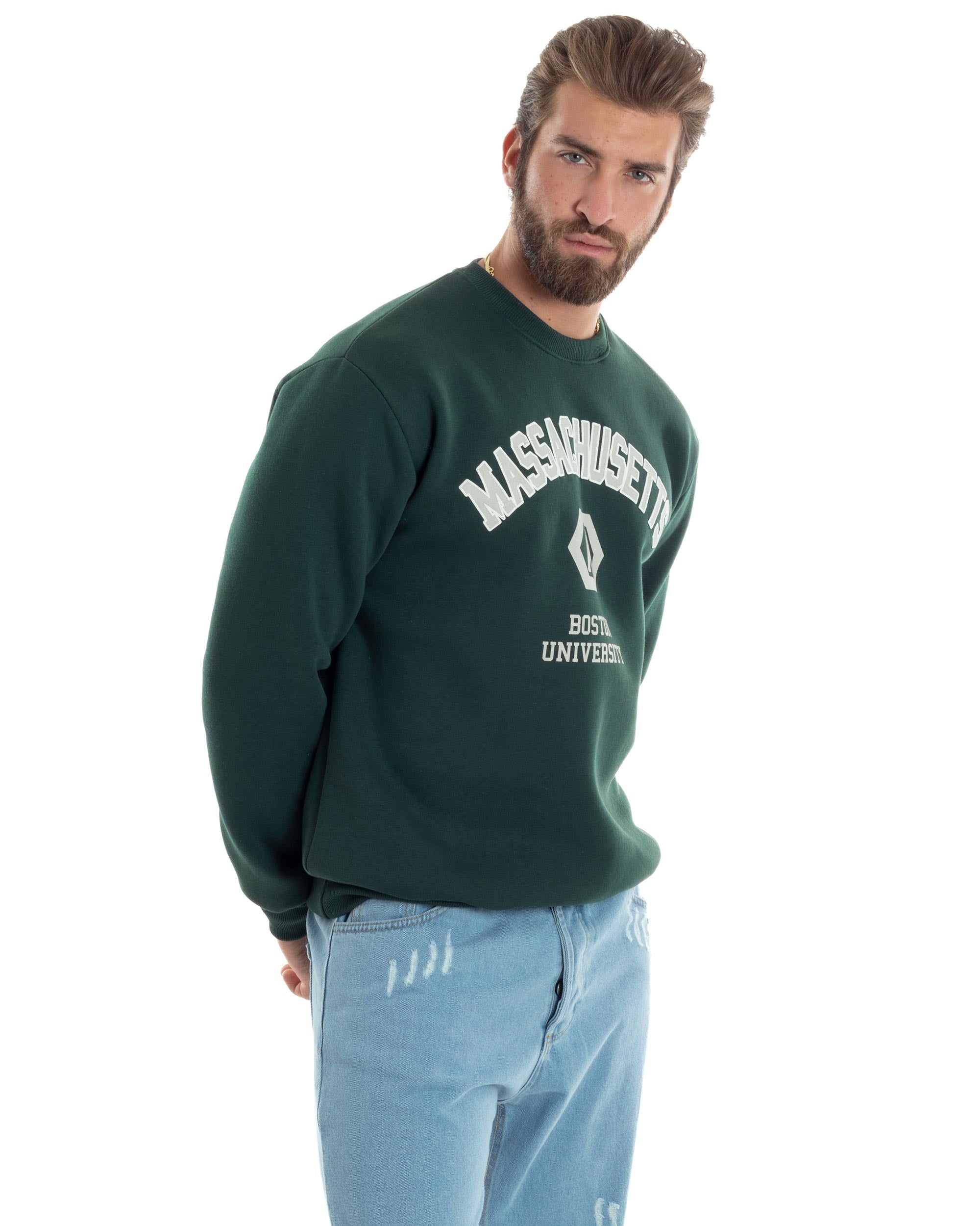 Felpa Uomo PolyCotton Girocollo Varsity Garzata Stampa College Maglia Calda Verde GIOSAL-F3035A