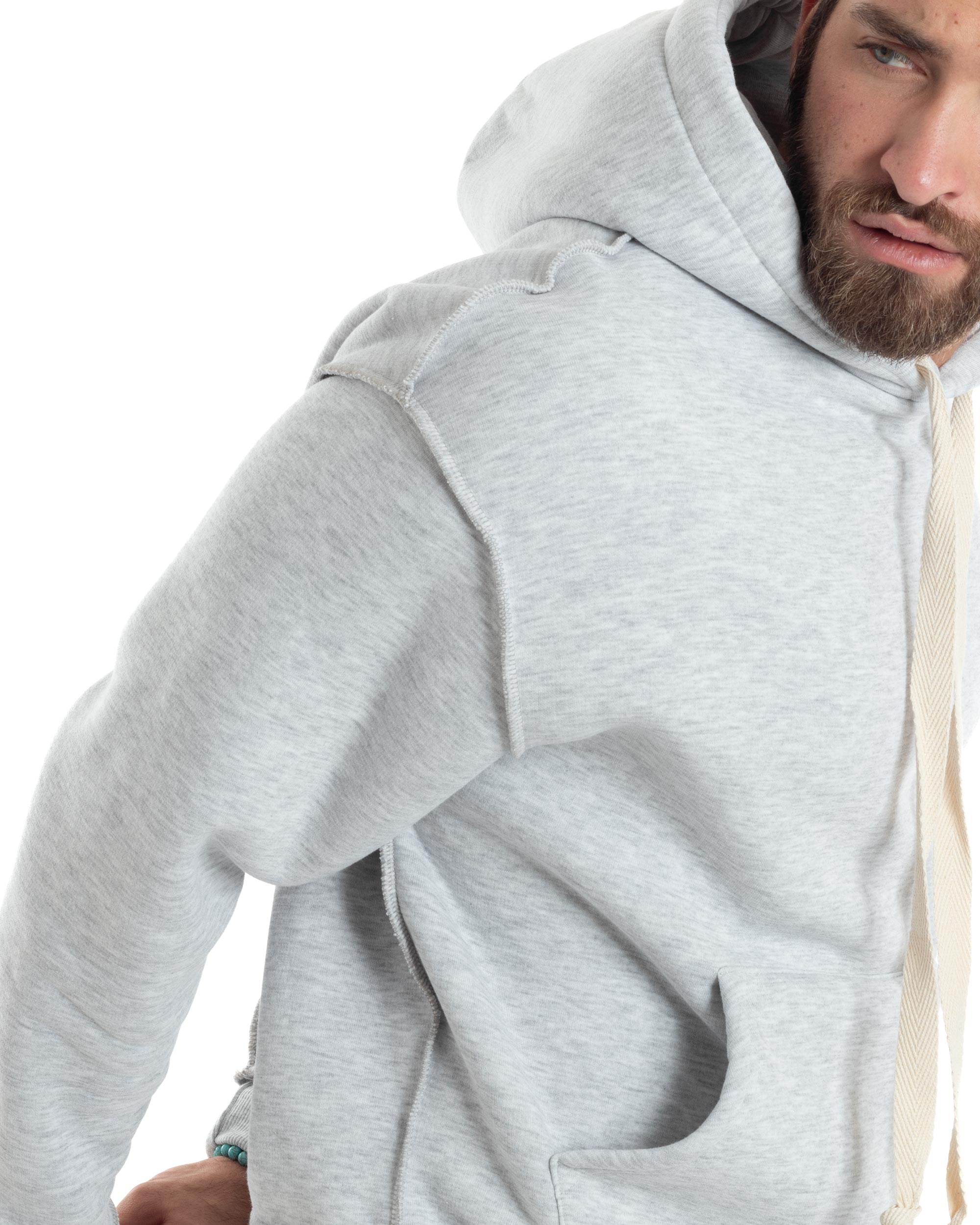 Felpa Uomo PolyCotton Garzata Con Cappuccio Cuciture Reverse E Marsupio Boxy Fit Maglia Morbida Calda Grigio GIOSAL-F3040A