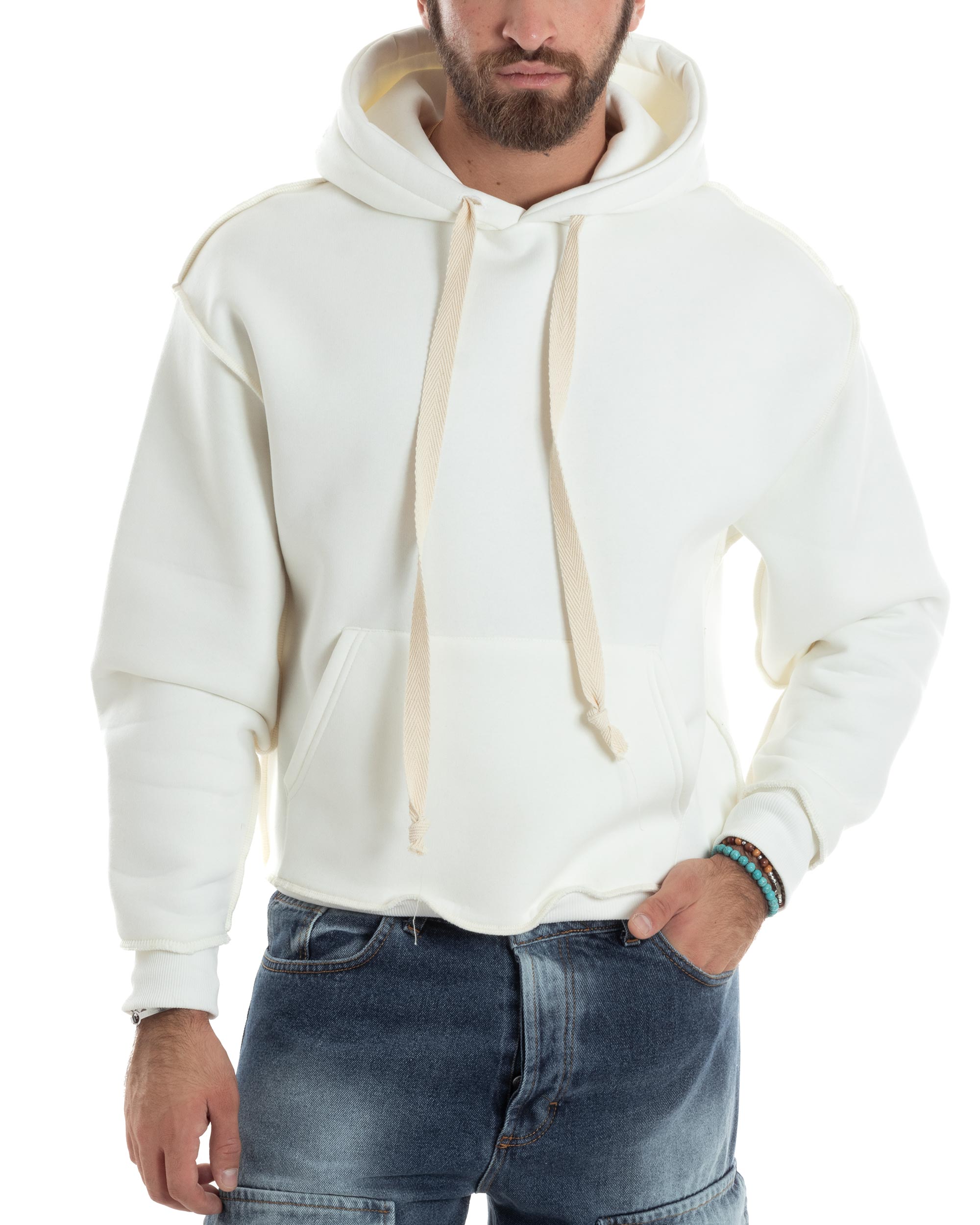 Felpa Uomo PolyCotton Garzata Con Cappuccio Cuciture Reverse E Marsupio Boxy Fit Maglia Morbida Calda Bianco GIOSAL-F3041A