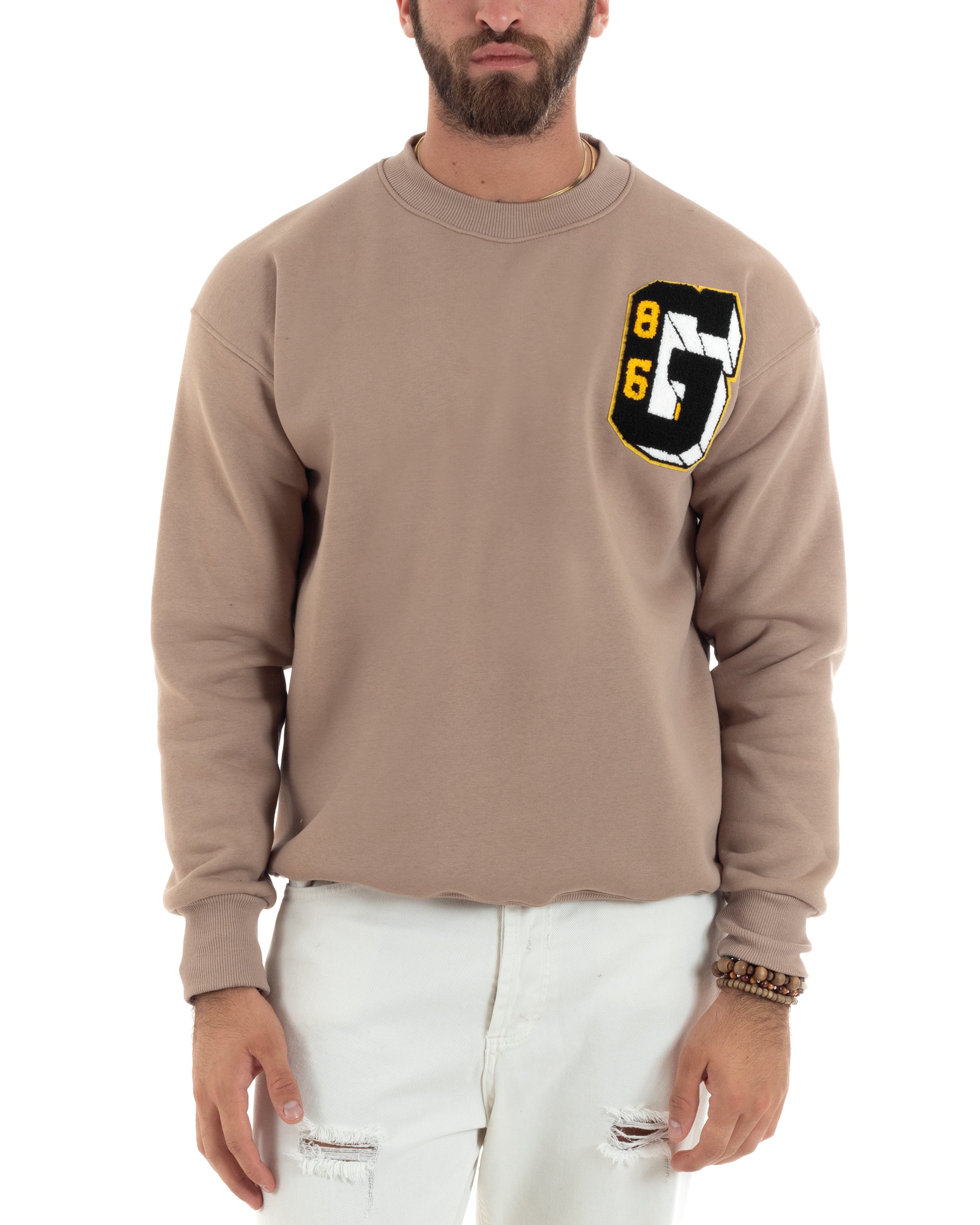 Felpa Uomo Manica Lunga Stampa Ricamo Lettera Tinta Unita Beige Felpata Casual Comfy GIOSAL-F3044A