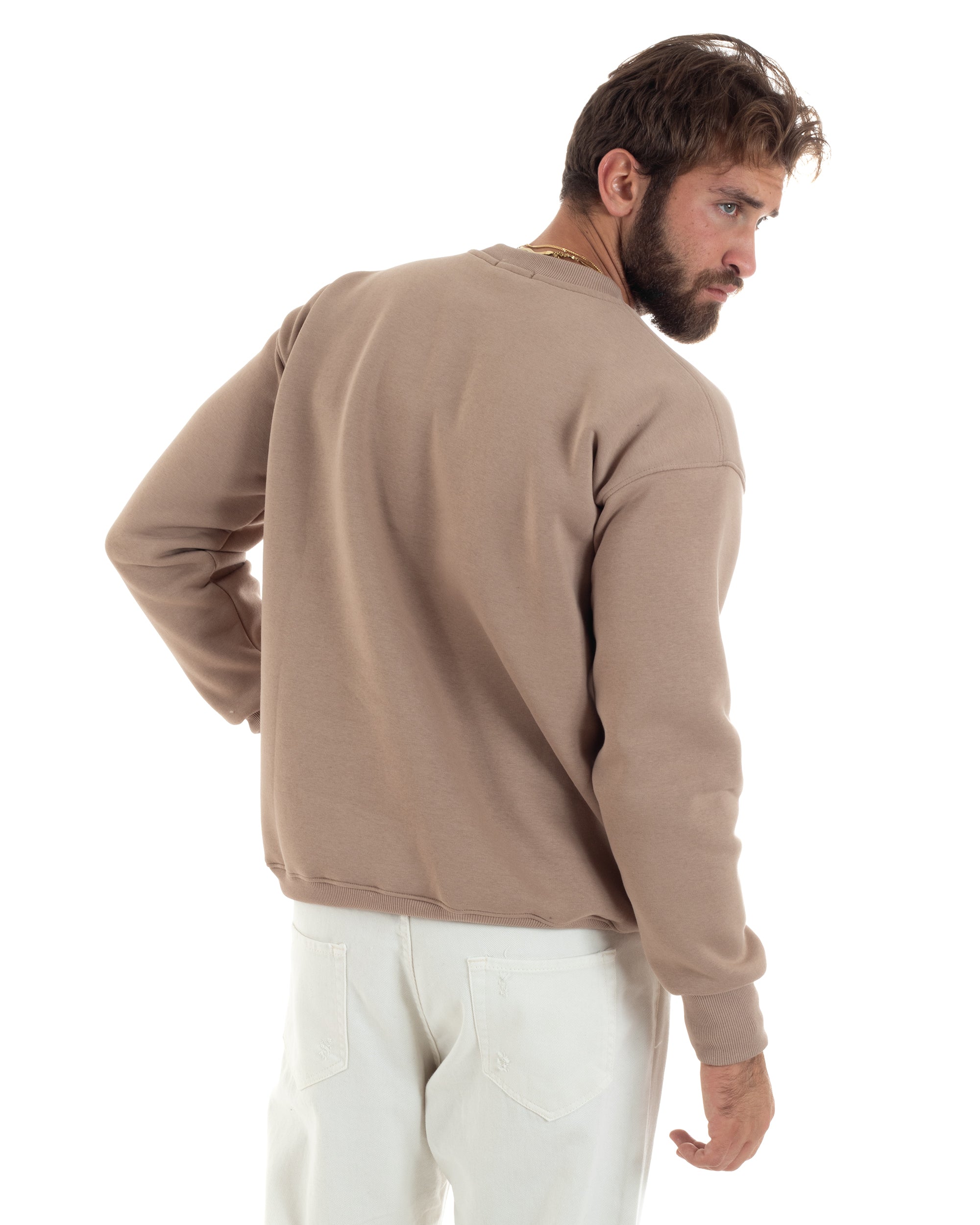 Felpa Uomo Manica Lunga Stampa Ricamo Lettera Tinta Unita Beige Felpata Casual Comfy GIOSAL-F3044A