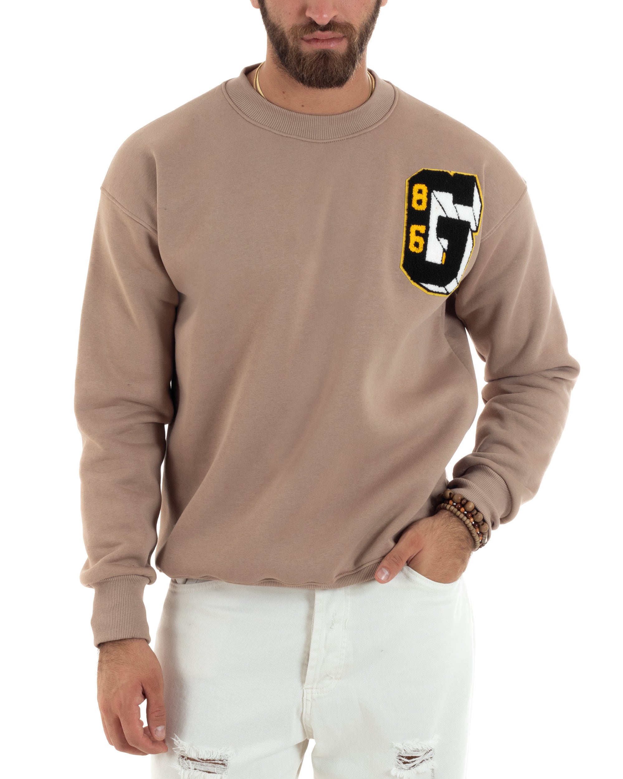 Felpa Uomo Manica Lunga Stampa Ricamo Lettera Tinta Unita Beige Felpata Casual Comfy GIOSAL-F3044A