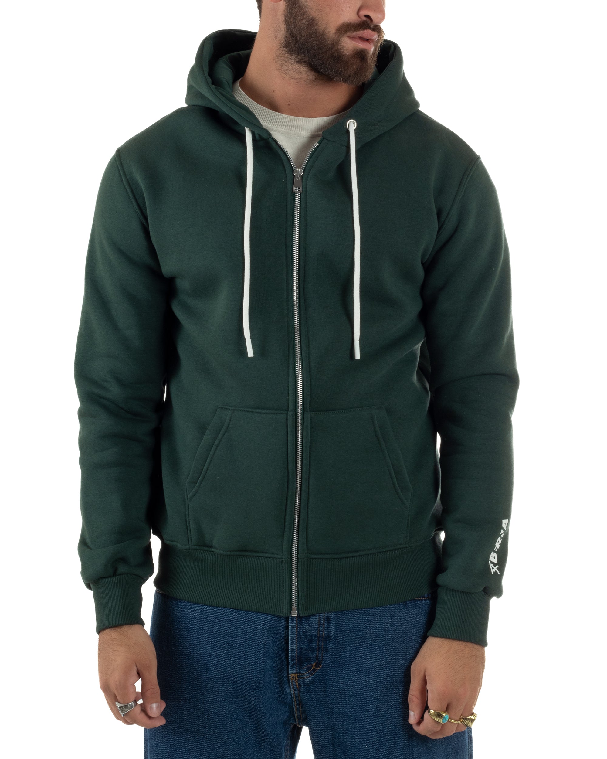Felpa Uomo Con Cappuccio Zip Basic Tinta Unita Verde BERNA M252018