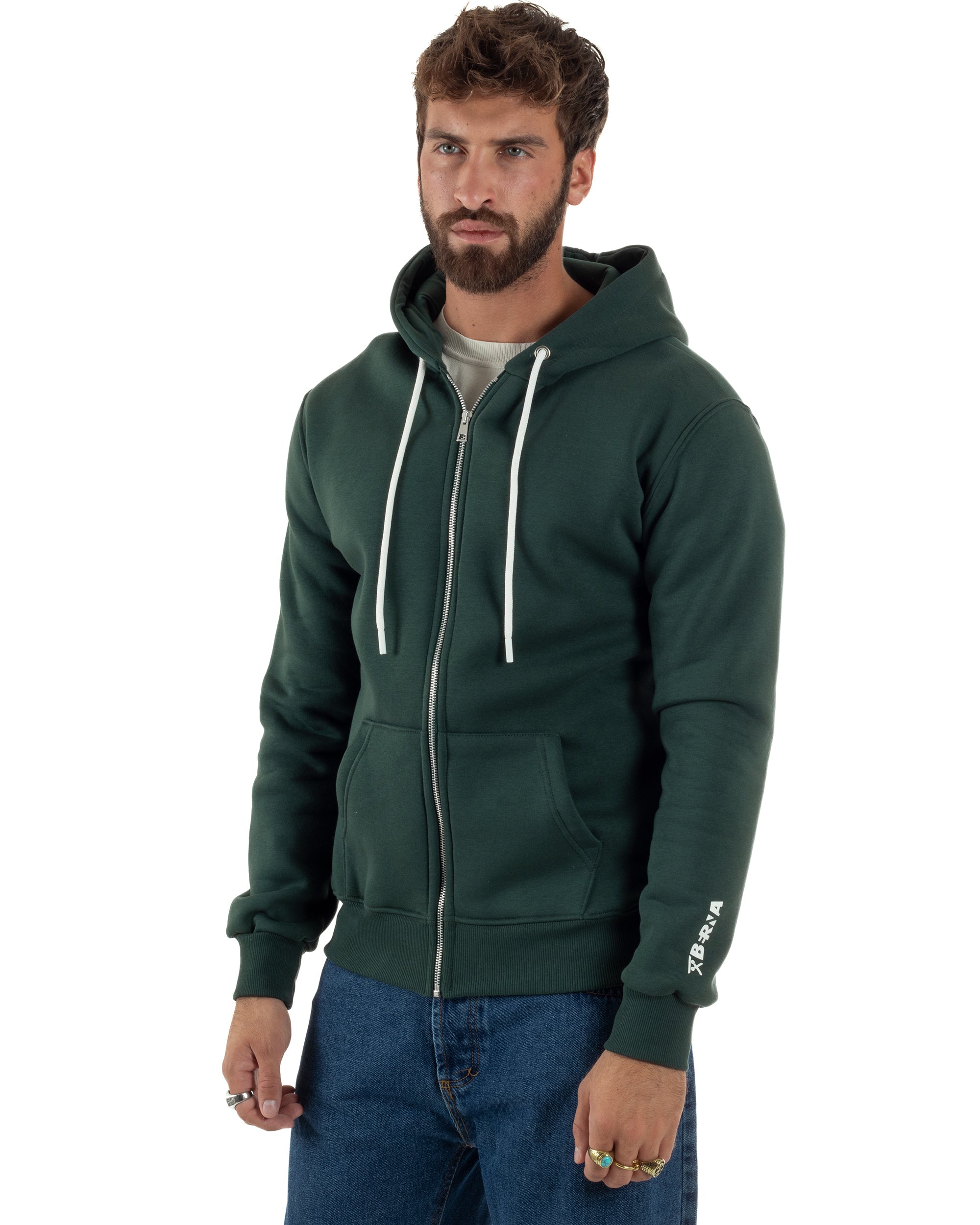 Felpa Uomo Con Cappuccio Zip Basic Tinta Unita Verde BERNA M252018