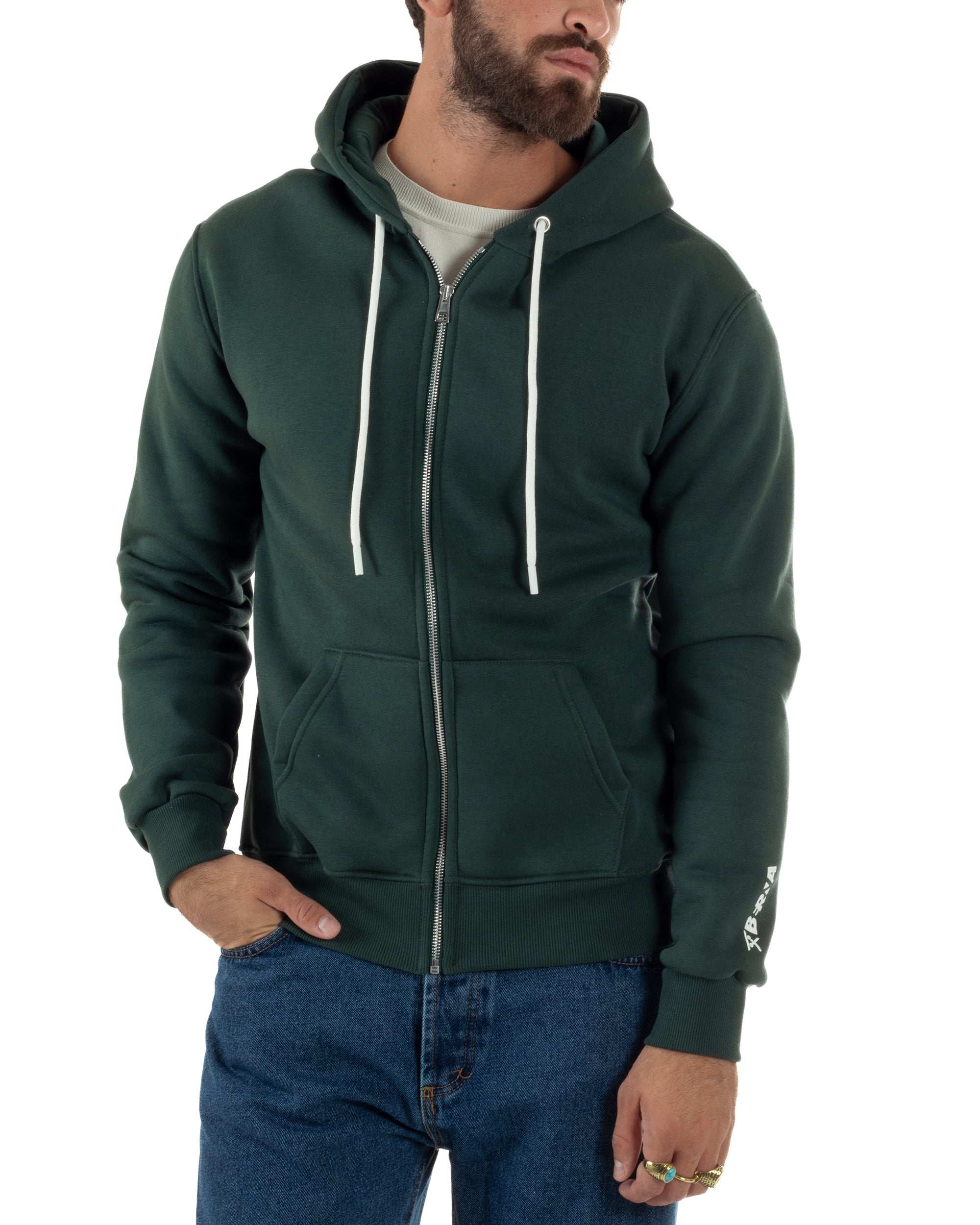 Felpa Uomo Con Cappuccio Zip Basic Tinta Unita Verde BERNA M252018