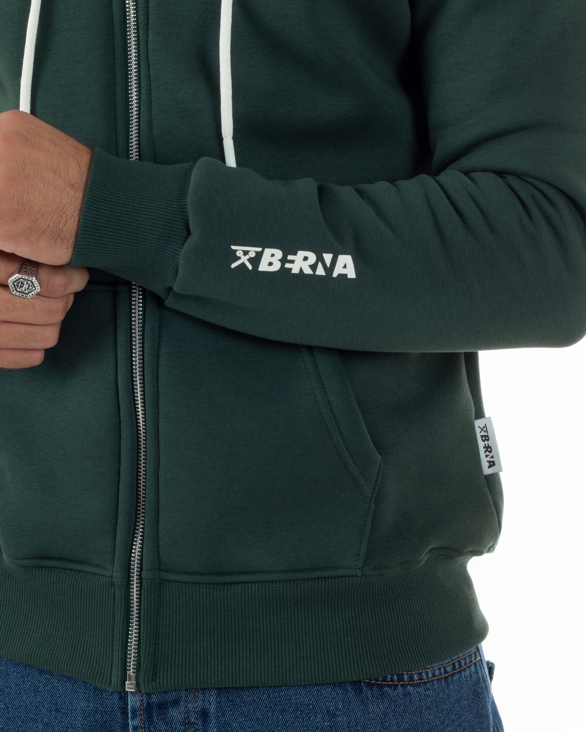 Felpa Uomo Con Cappuccio Zip Basic Tinta Unita Verde BERNA M252018