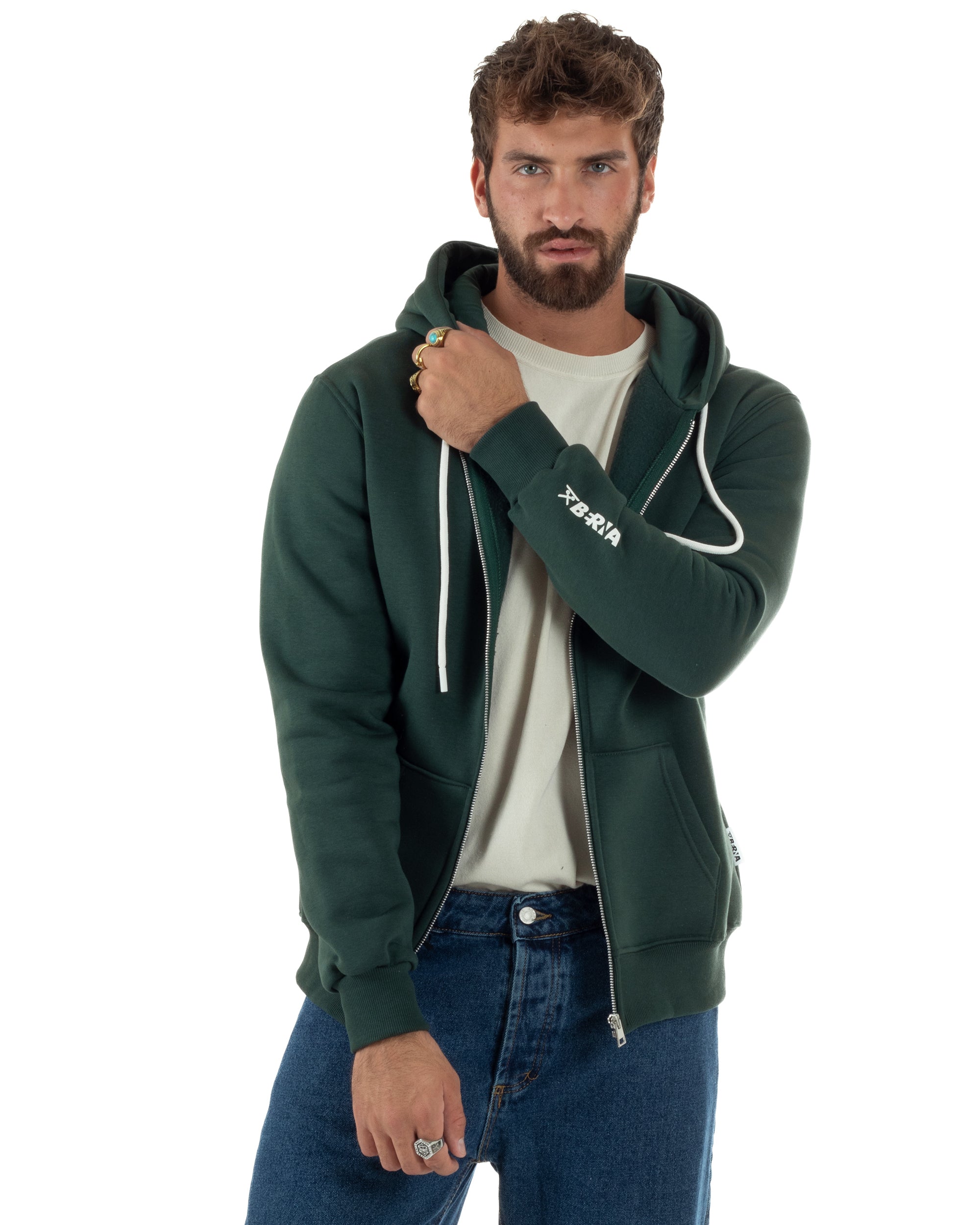 Felpa Uomo Con Cappuccio Zip Basic Tinta Unita Verde BERNA M252018