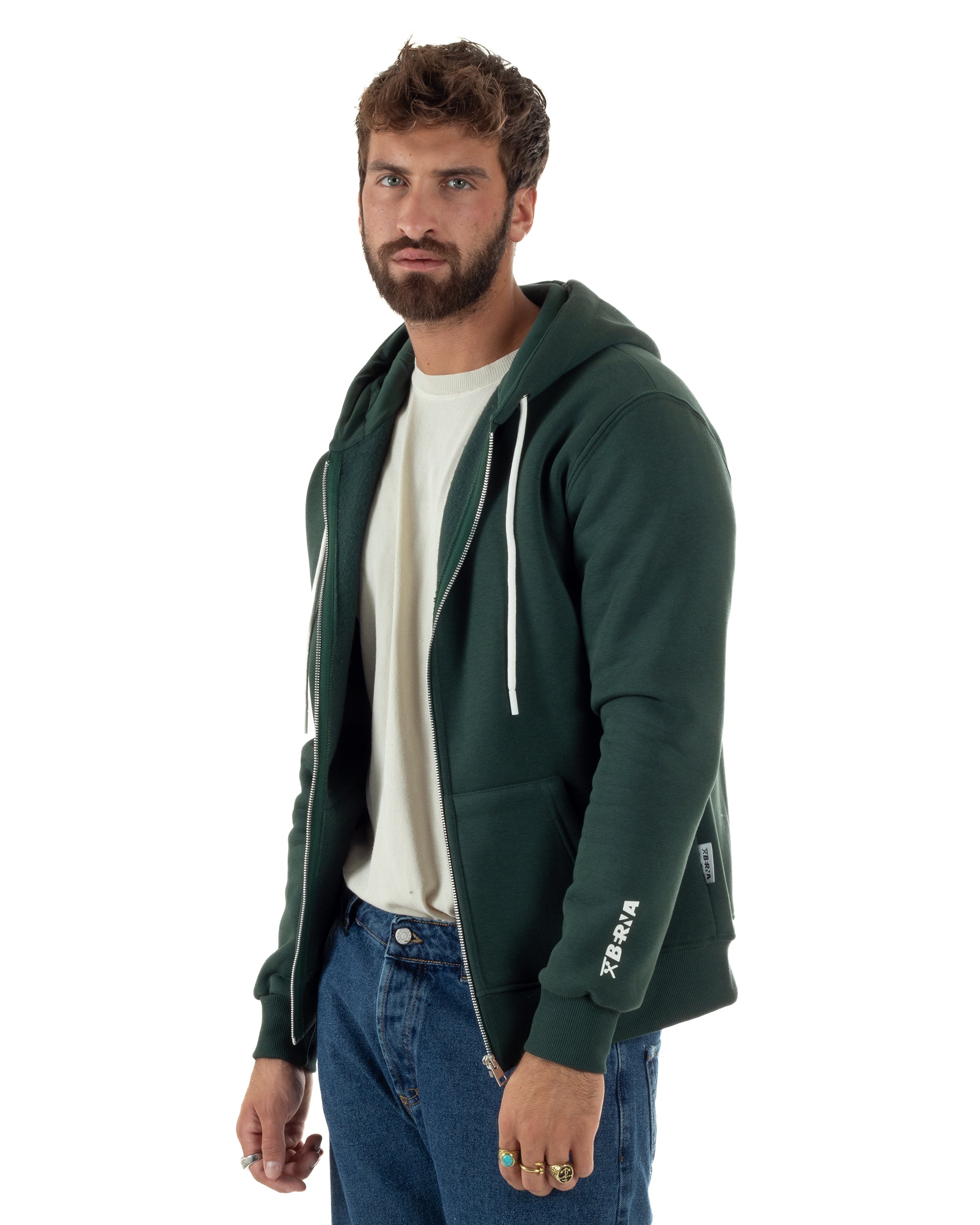 Felpa Uomo Con Cappuccio Zip Basic Tinta Unita Verde BERNA M252018