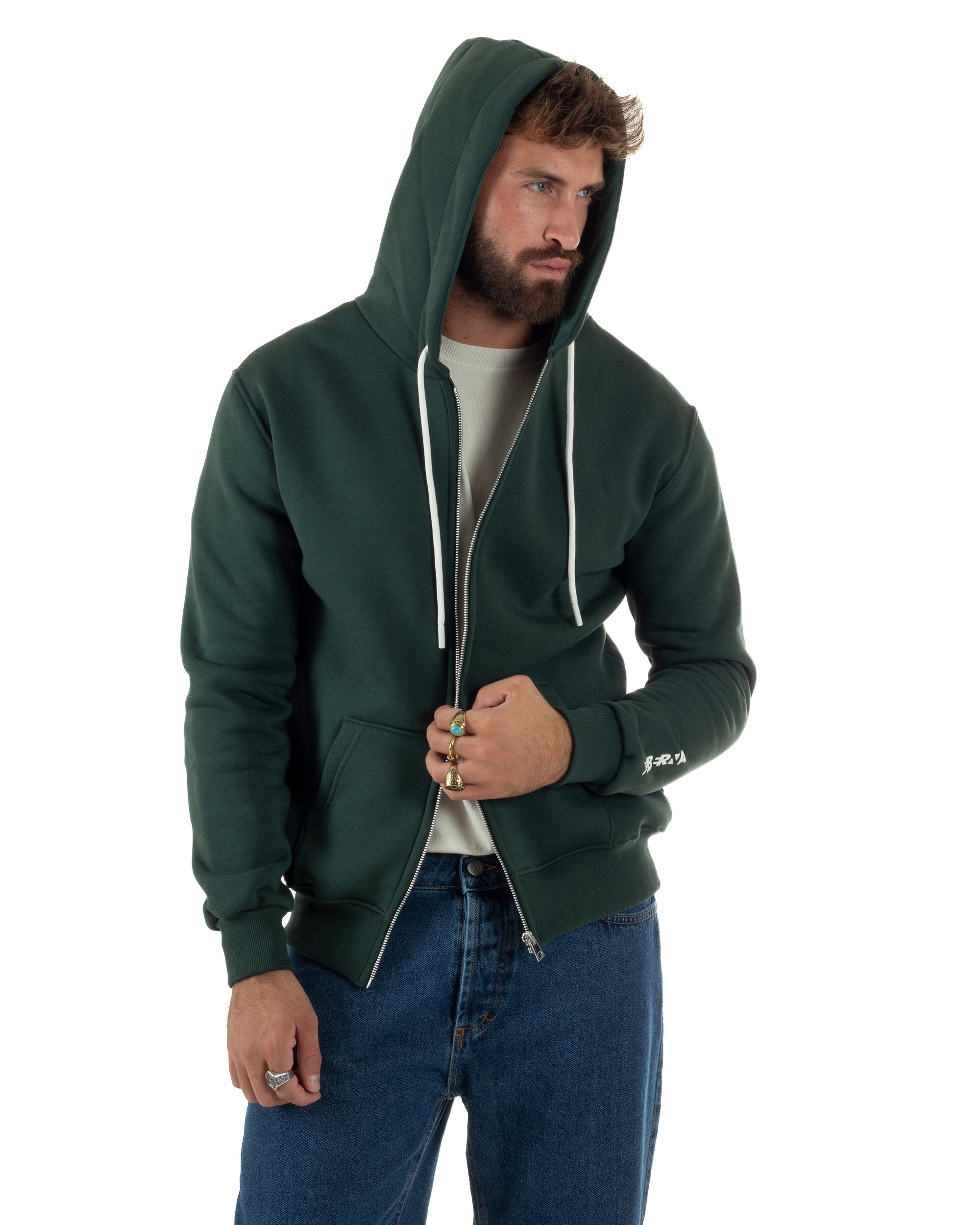 Felpa Uomo Con Cappuccio Zip Basic Tinta Unita Verde BERNA M252018