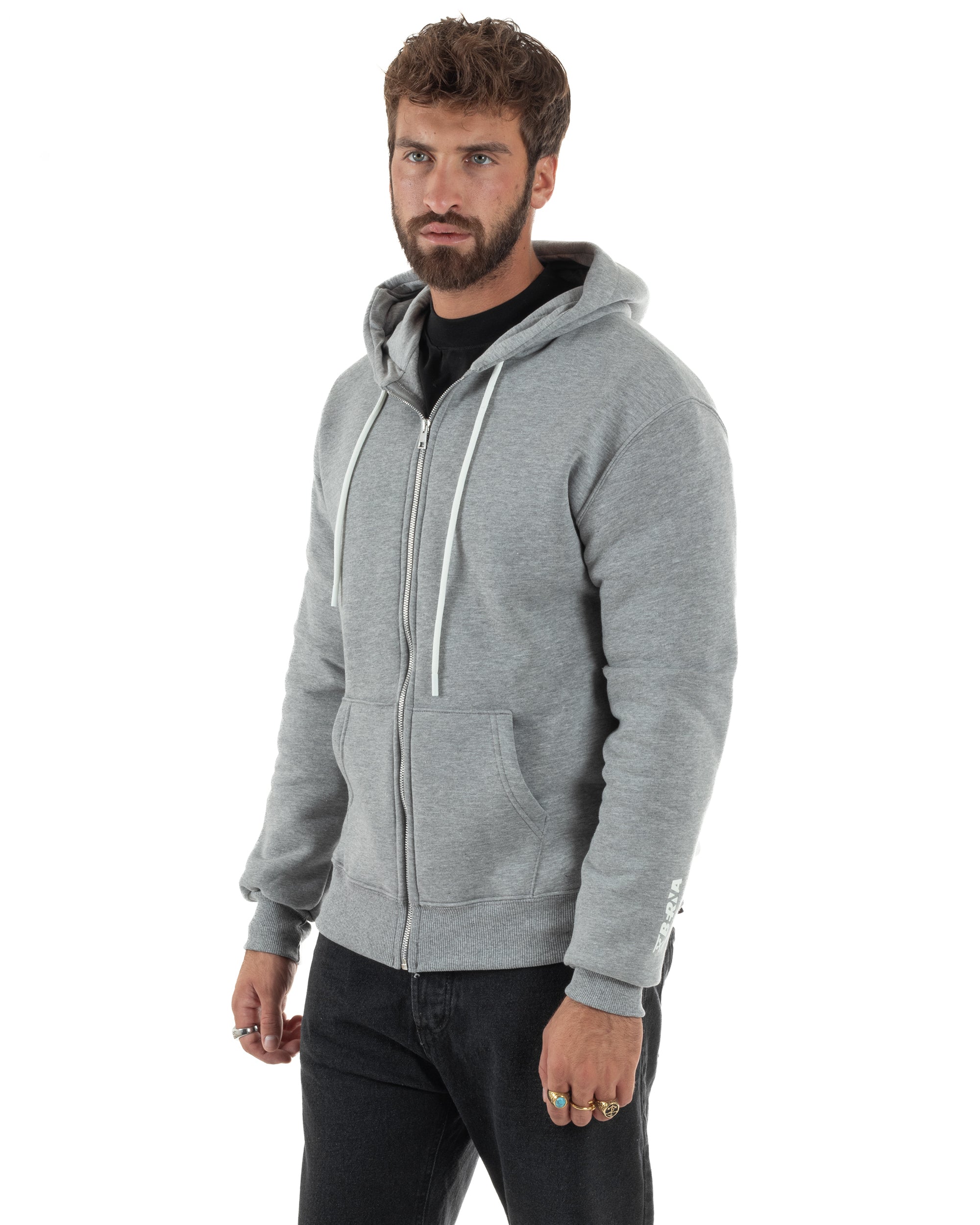 Felpa Uomo Con Cappuccio Zip Basic Tinta Unita Grigio BERNA M252018