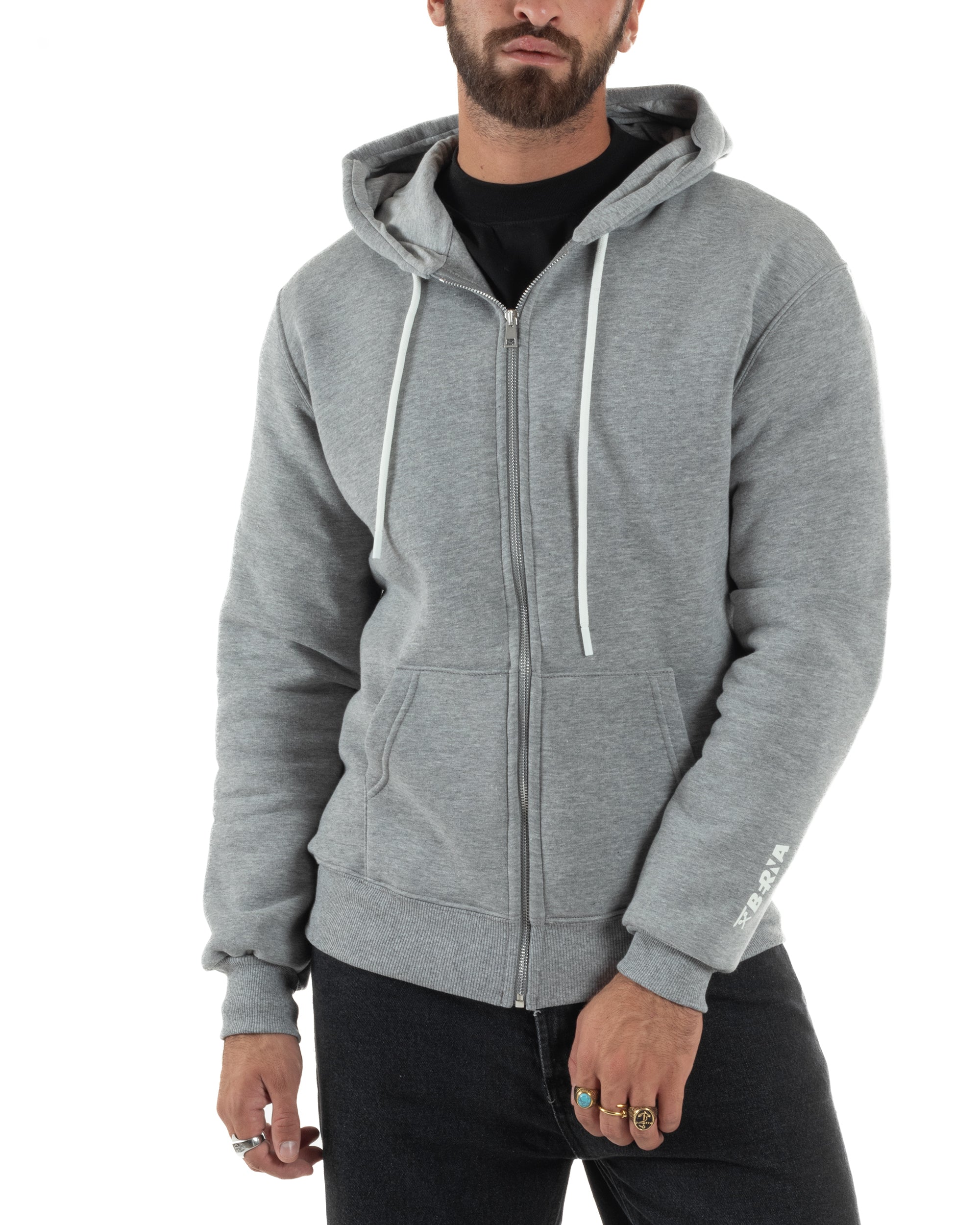 Felpa Uomo Con Cappuccio Zip Basic Tinta Unita Grigio BERNA M252018
