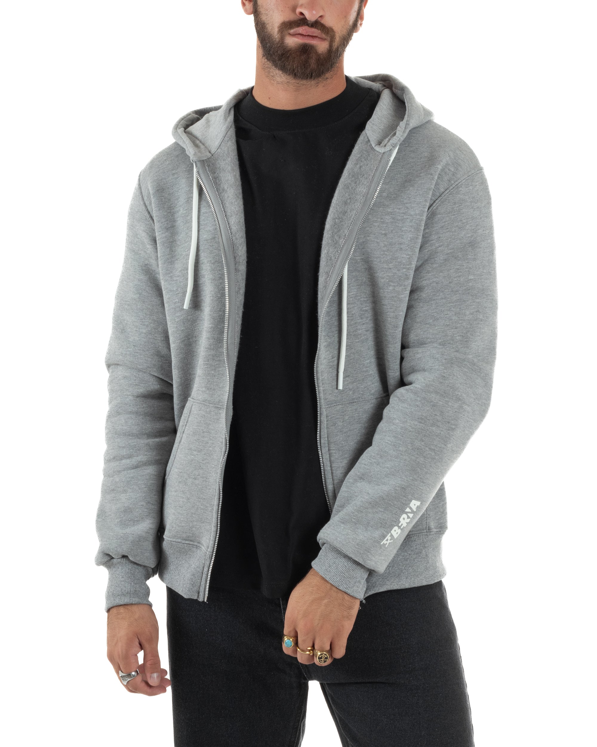 Felpa Uomo Con Cappuccio Zip Basic Tinta Unita Grigio BERNA M252018