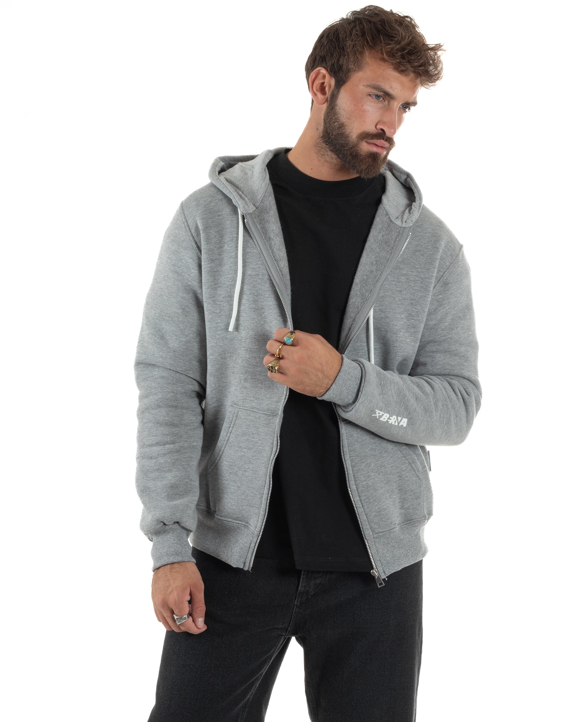 Felpa Uomo Con Cappuccio Zip Basic Tinta Unita Grigio BERNA M252018