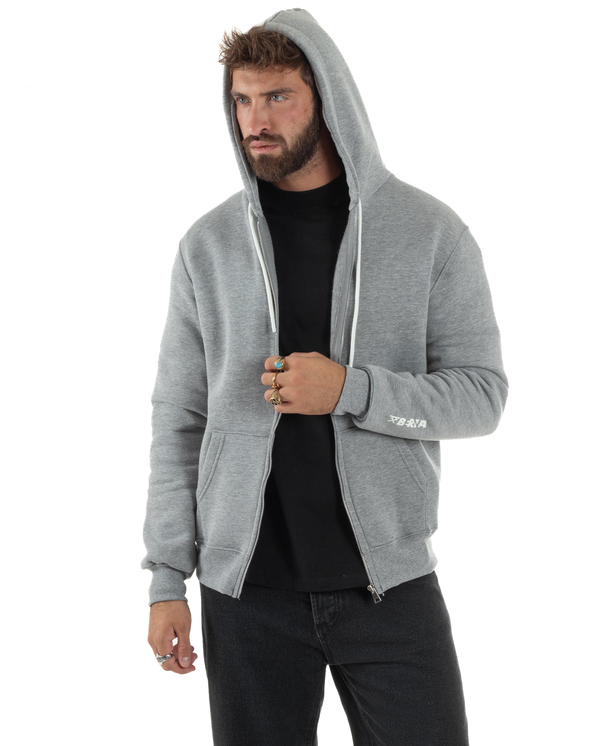 Felpa Uomo Con Cappuccio Zip Basic Tinta Unita Grigio BERNA M252018