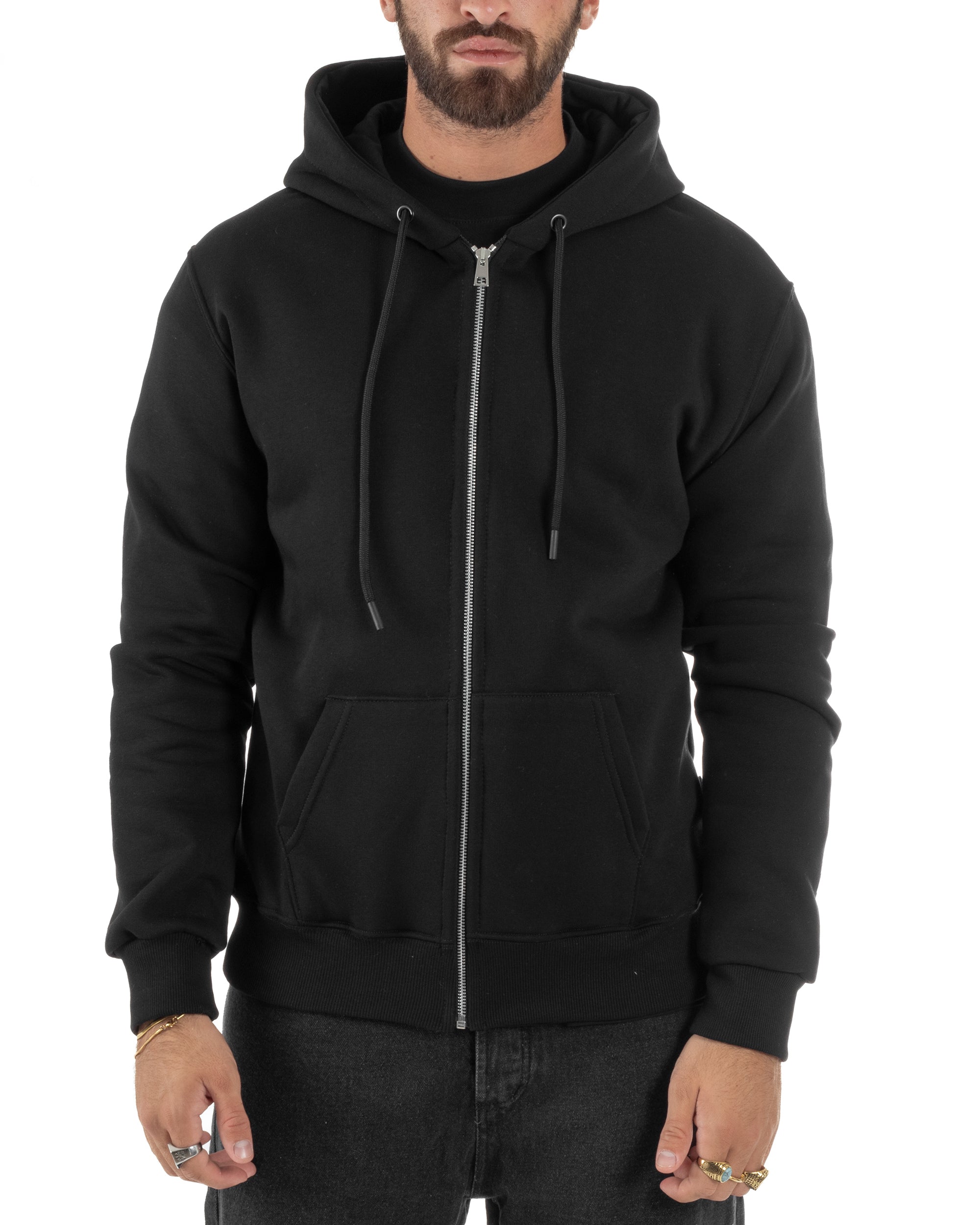 Felpa Uomo Con Cappuccio Zip Basic Tinta Unita Nero BERNA M252018