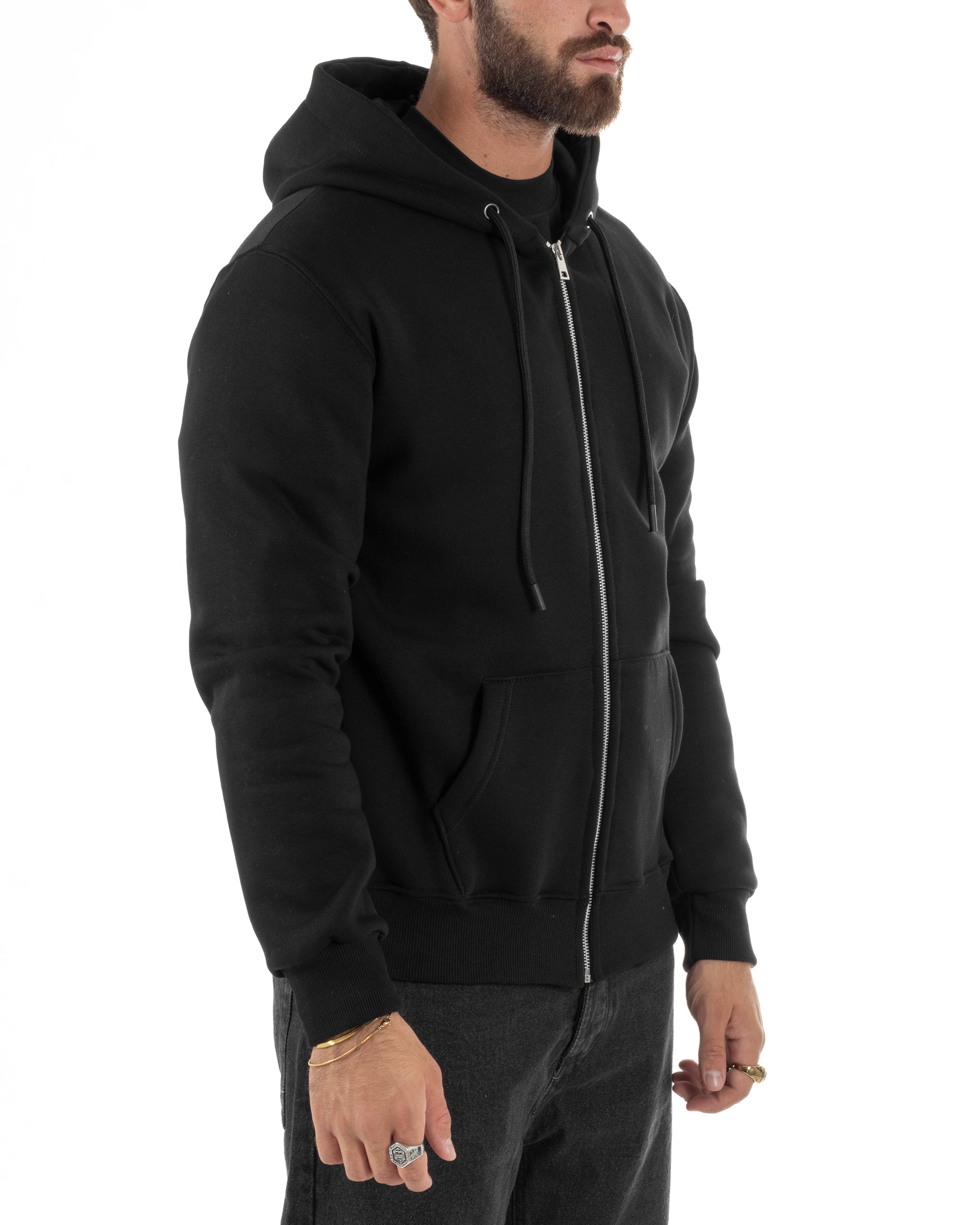 Felpa Uomo Con Cappuccio Zip Basic Tinta Unita Nero BERNA M252018